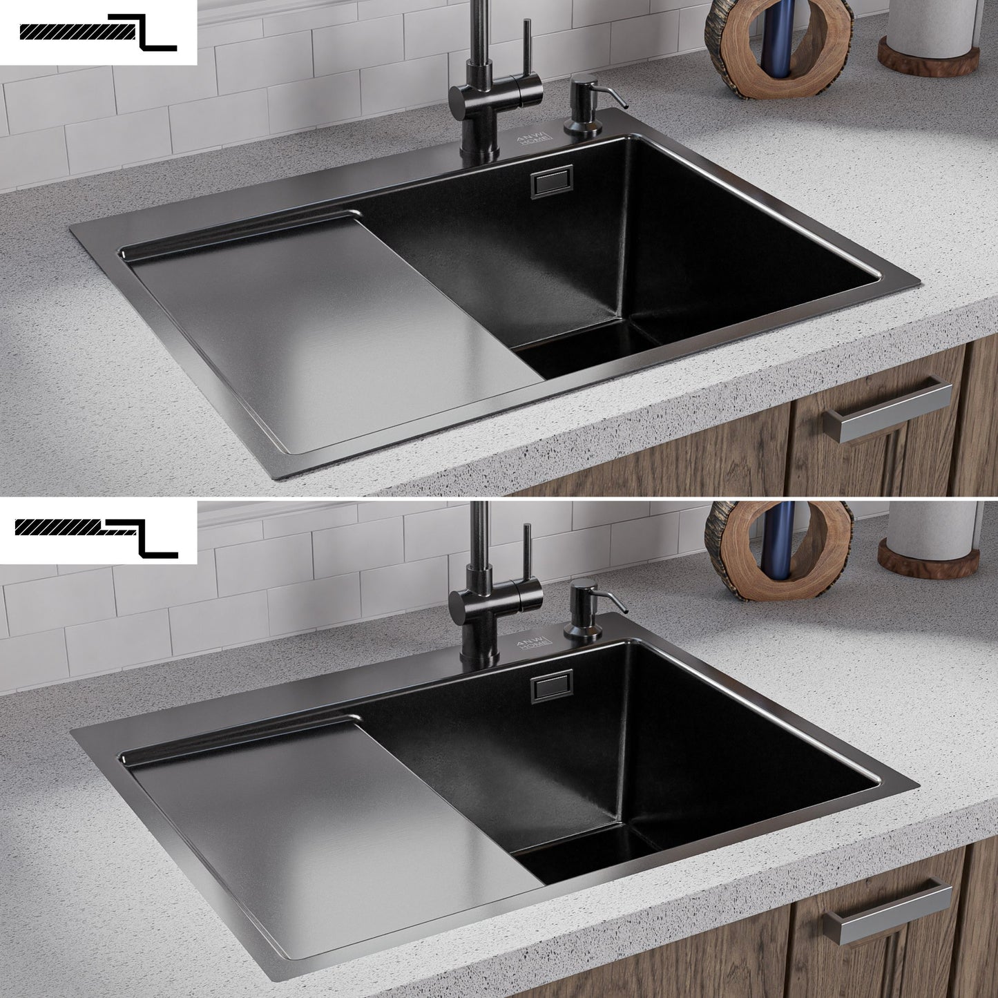 ANW HOME virtuves izlietne no 304 nerūsējošā tērauda, vienas bļodas iegremdējama izlietne ar notecinātāju 63x50 cm, grafīta PVD, nano pārklājums, biezums 3+1 mm, bļodas dziļums 22 cm, ar notekas komplektu