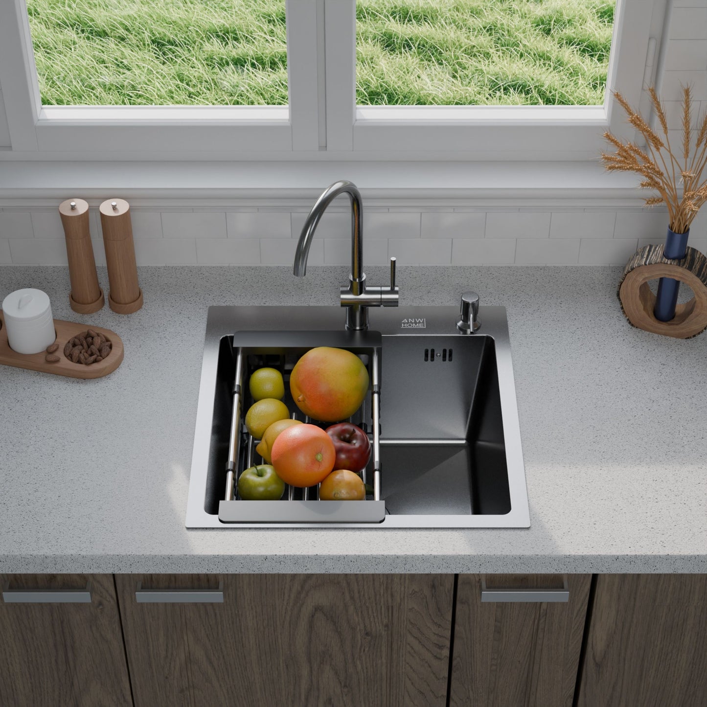 ANW HOME chiuvetă de bucătărie, chiuvetă cu o singură cuvă din oțel inoxidabil 50x50 cm fără scurgător, grafit PVD cu strat nano, grosime 3,0+1 mm, adâncime cuvă 22 cm, cu sifon