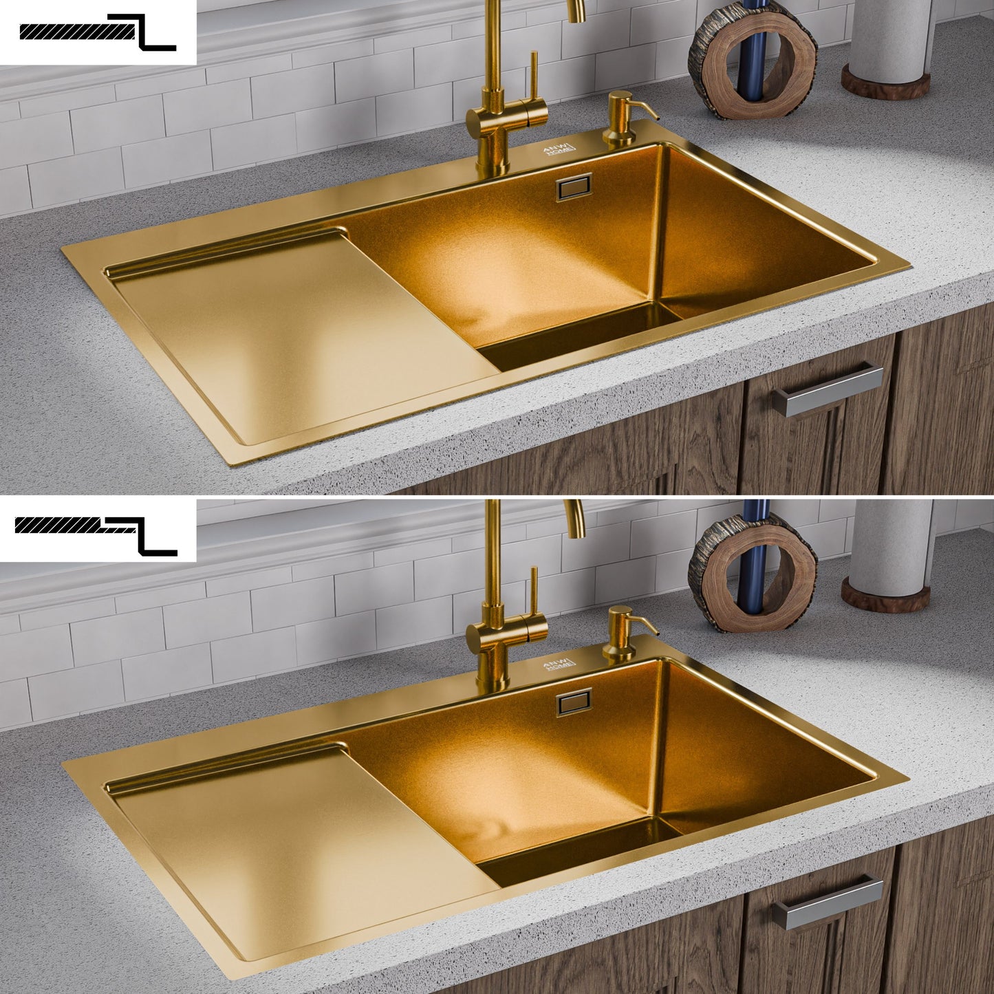 ANW HOME Evier Cuisine 1 Bac avec Égouttoir, Evier Inox à Encastrer 304, 78x50 cm, Or PVD, Finition Nano, Épaisseur 3,0+1 mm