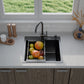 ANW HOME Kitchen Sink Stainless Steel, Single Bowl Kitchen Sink 50x50 cm, Black, Topmount, Nano-Coated, Thickness 3.0/1 mm, 22 cm Deep, with Siphon, Soap Dispenser and Basket