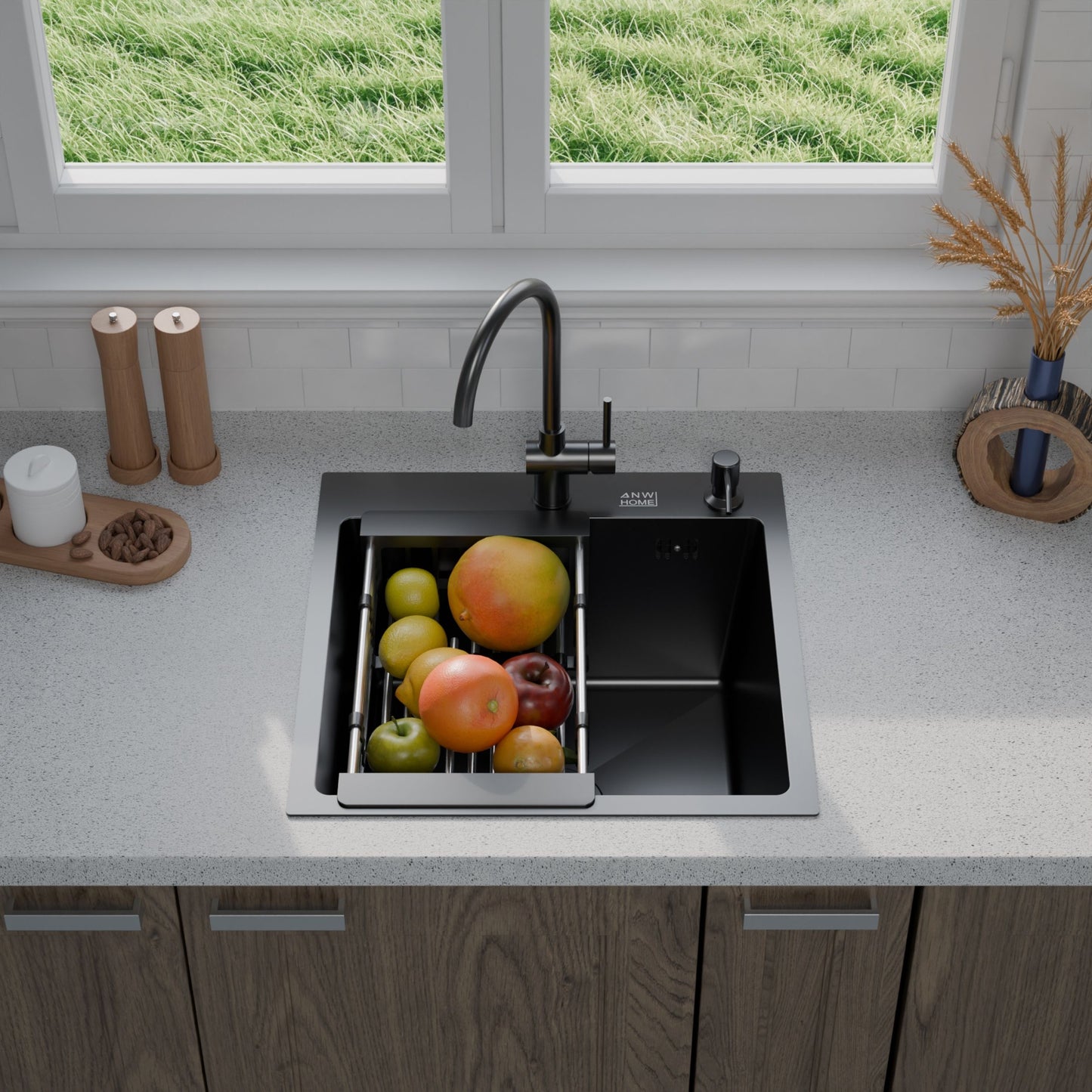 ANW HOME Kitchen Sink Stainless Steel, Single Bowl Kitchen Sink 50x50 cm, Black, Topmount, Nano-Coated, Thickness 3.0/1 mm, 22 cm Deep, with Siphon, Soap Dispenser and Basket
