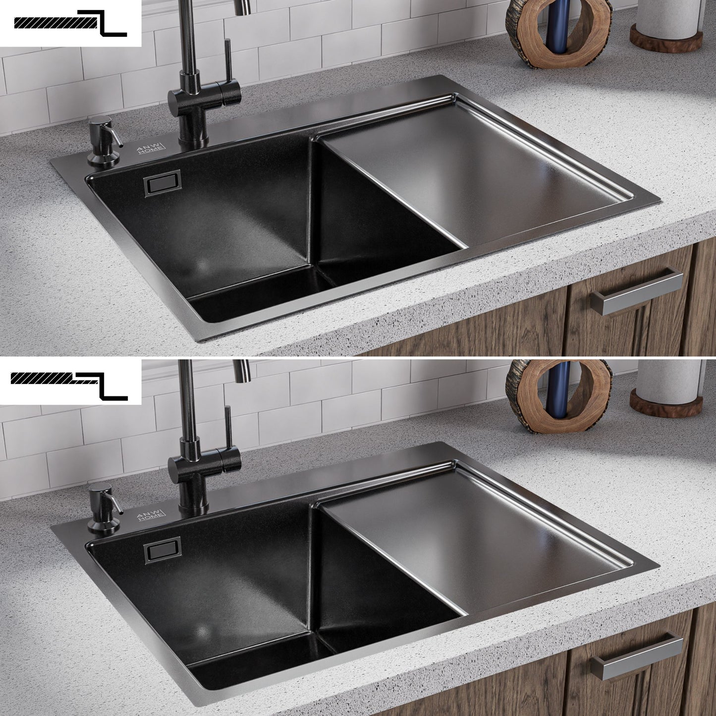 ANW HOME kuchyňský dřez pro horní montáž, jednodřez s odkapávačem, dřez z nerezové oceli 304, 63x50 cm, grafit PVD, nano povrch, tloušťka 3+1 mm, se sifonem