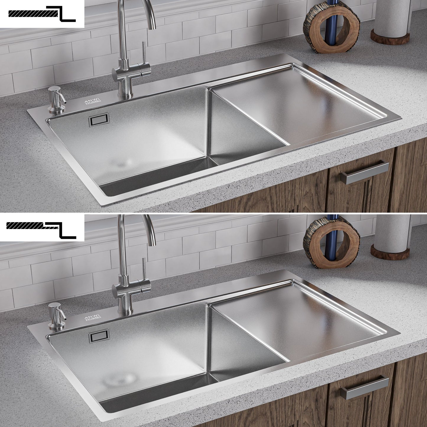ANW HOME Fregadero Cocina 1 Seno, sobre Encimera con Escurridor, Fregadero Cocina Acero Inoxidable 304, 78x50 cm, Plata, Acabado Nano, Grosor 3,0/1 mm, con Sifón y Dispensador