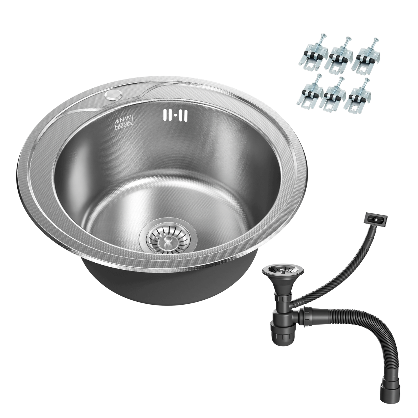 ANW HOME Spülbecken Küche, Küchenspüle Edelstahl 1 Becken, Einbauspüle Rund  49 cm, Silber, Anti-Kratz-Oberfläche, Stärke 1 mm, 18 cm Tiefe, mit Siphon