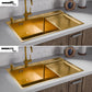 ANW HOME Spülbecken Küchenspüle Einbauspüle 1 Becken mit Abtropffläche Edelstahl 304 78x50 cm Gold PVD Nano-Beschichtung Stärke 3,0+1 mm mit Siphon, Seifenspender und Korb