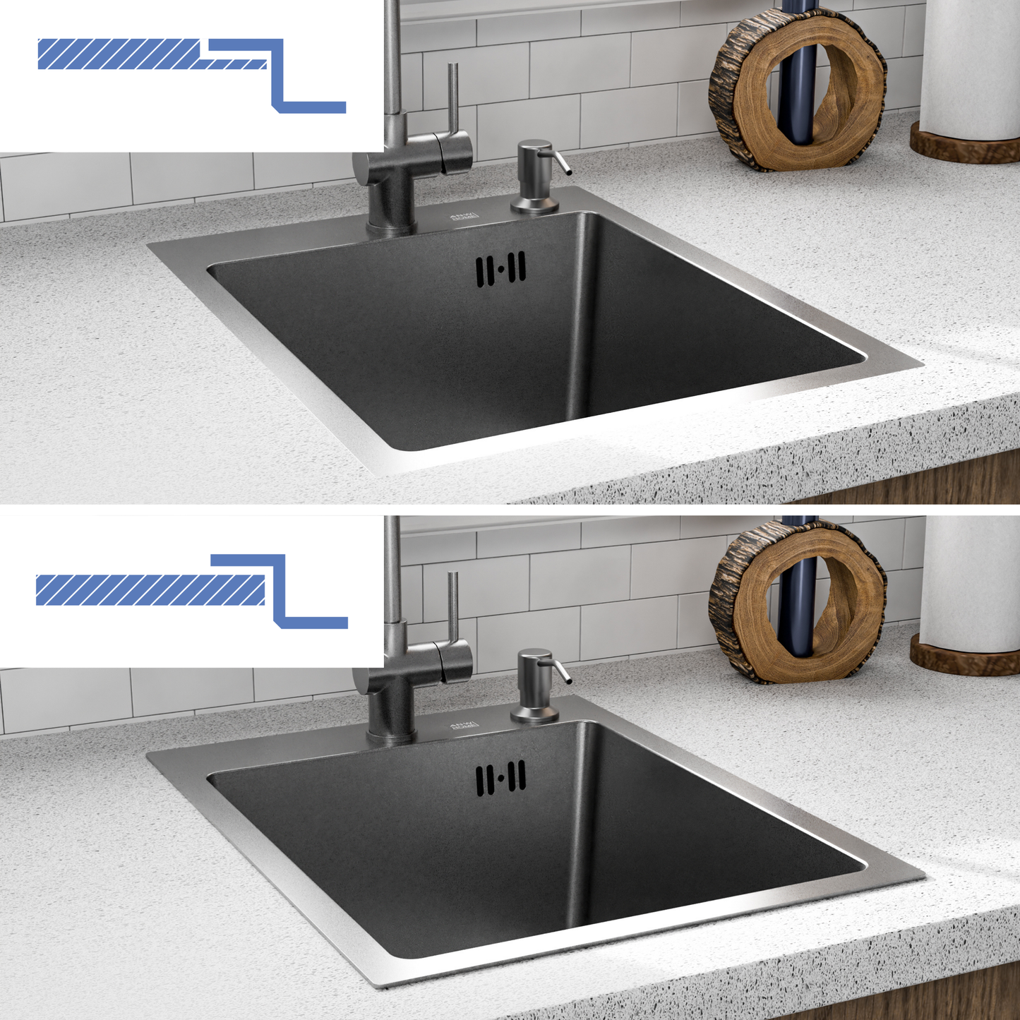 ANW HOME Fregadero Cocina 1 Seno Sobre Encimera, Fregadero Cocina Acero Inoxidable 304, 60x50 cm, Oro PVD, Nano-Revestimiento, Grosor 3,0+1 mm, con Sifón, Dosificador de Jabón y Cesta