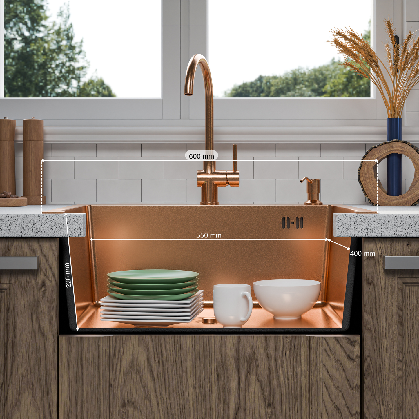 ANW HOME Spülbecken Küchenspüle 60x50 cm, Einbauspüle Edelstahl in Roségold PVD,  mit Nano-Beschichtung, Stärke 3,0+1 mm, mit Siphon Seifenspender und Korb
