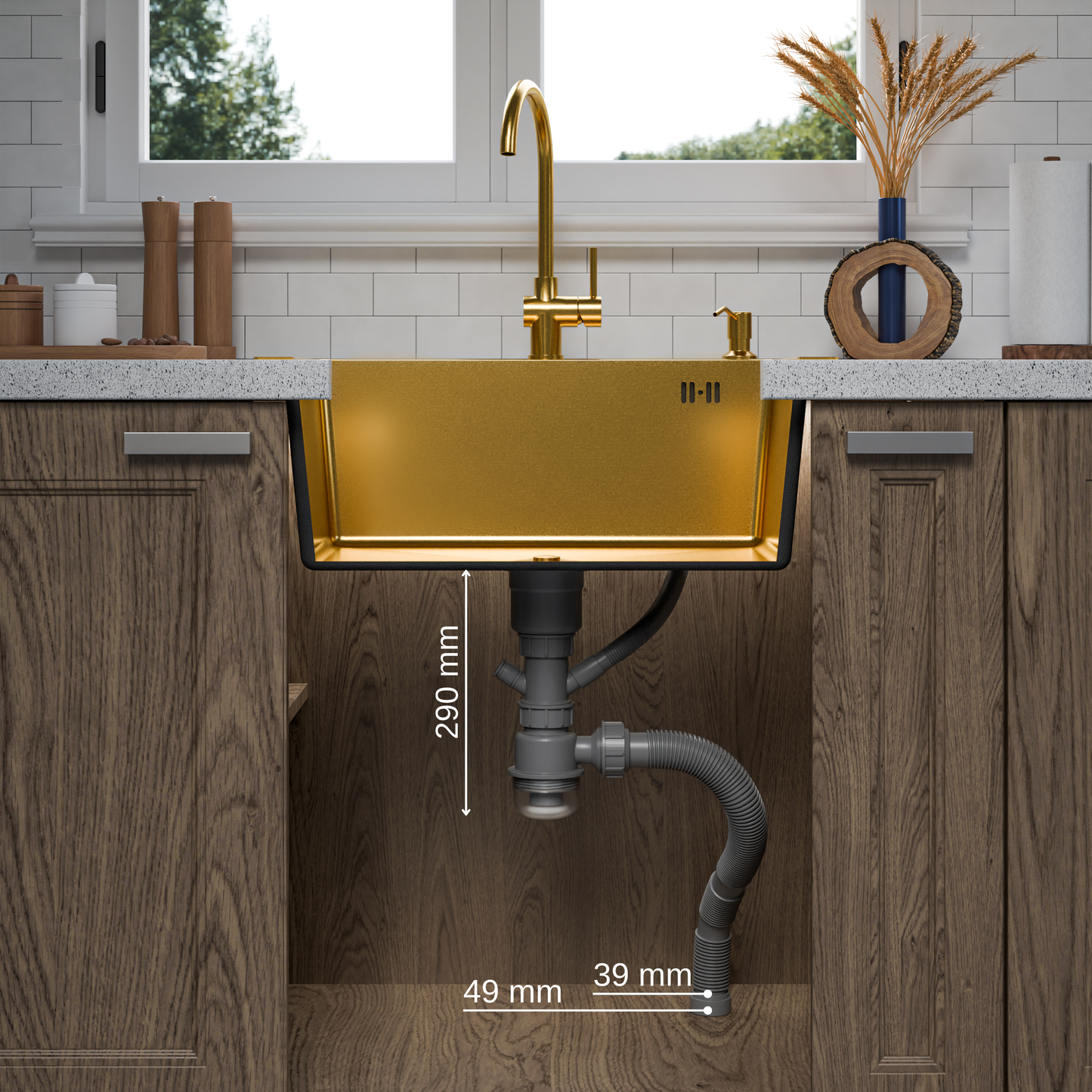 ANW HOME Kuchyňský dřez 65x45 cm, nerezový dřez, jednodřez pro horní montáž ve zlatém PVD provedení s nano povrchem, tloušťka 3,0+1 mm, se sifonem, dávkovačem saponátu a košíkem