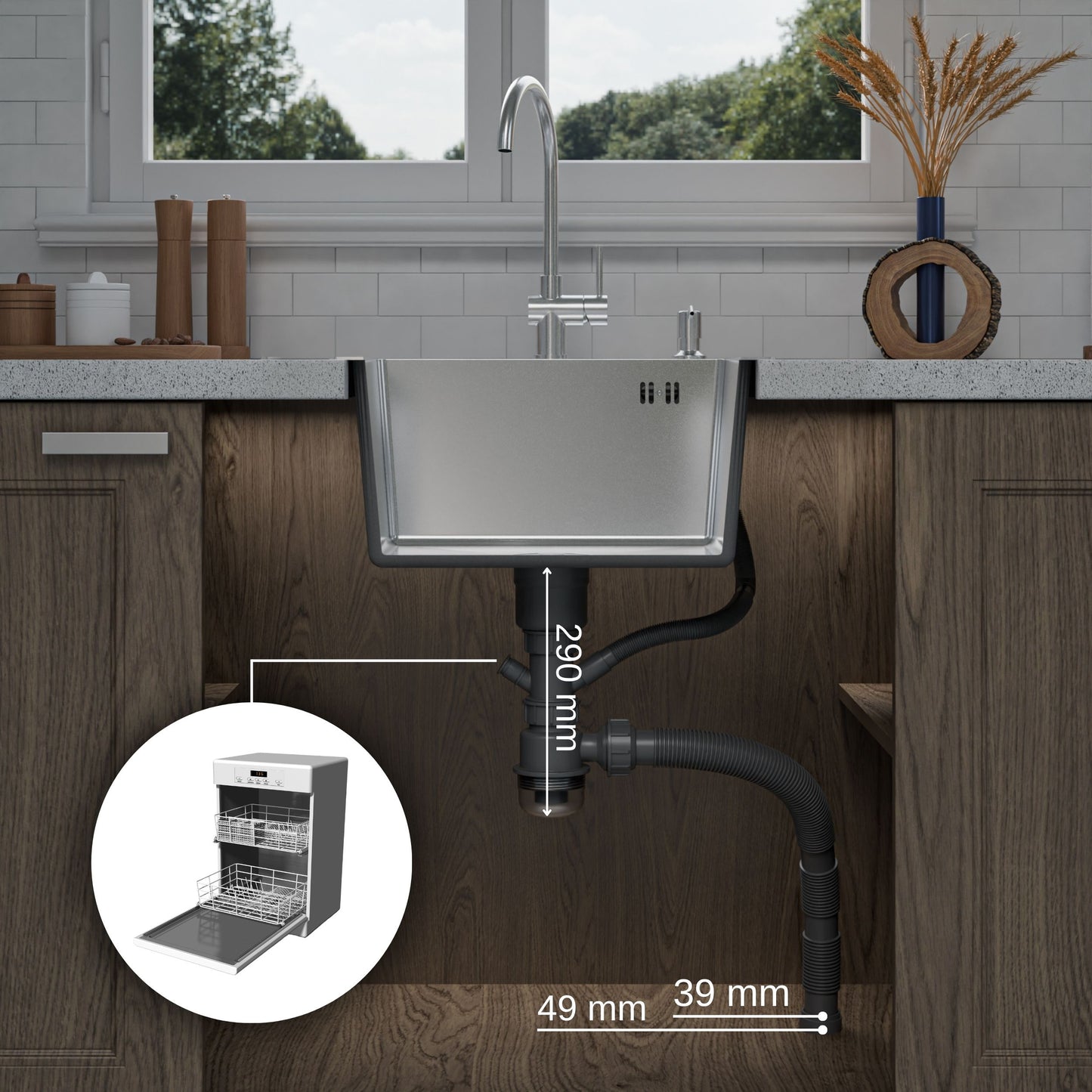 ANW HOME Lavandino Cucina, Lavello Cucina 1 Vasca 46x45 cm in Acciaio Inox con Finitura Nano, Spessore 3.0+1 mm, da Incasso, Argento, con Sifone, Dosatore e Cestello