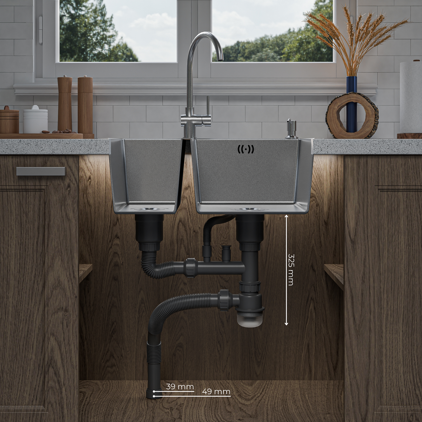 ANW HOME Evier Cuisine 2 Bacs à Encastrer, Évier Inox 304, 61x51 cm, Argent, Finition Nano, Épaisseur 3,0+1 mm, avec Siphon, Distributeur de Savon et Panier