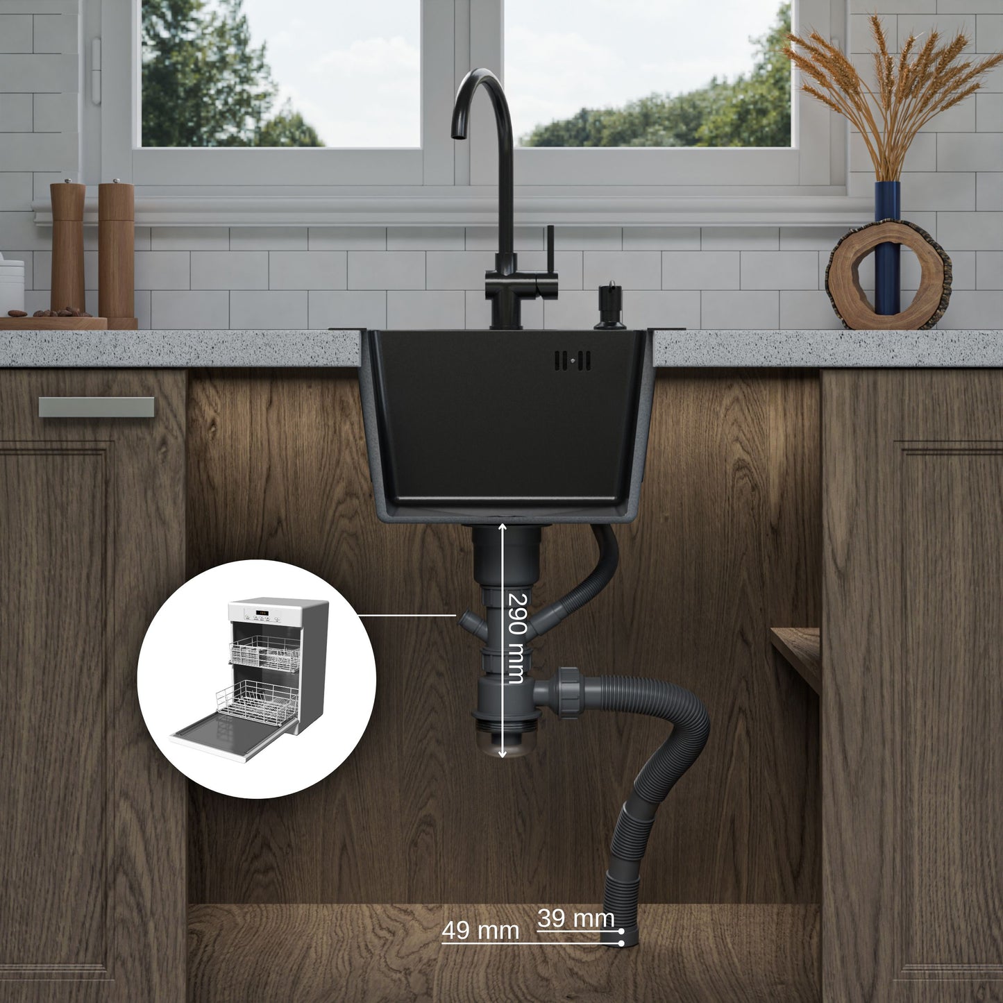 ANW HOME kuchyňský dřez z nerezové oceli 40 x 45 cm, jednodřez pro horní montáž, grafit PVD, nano povrch, tloušťka 3,0+1 mm, se sifonem a dávkovačem saponátu