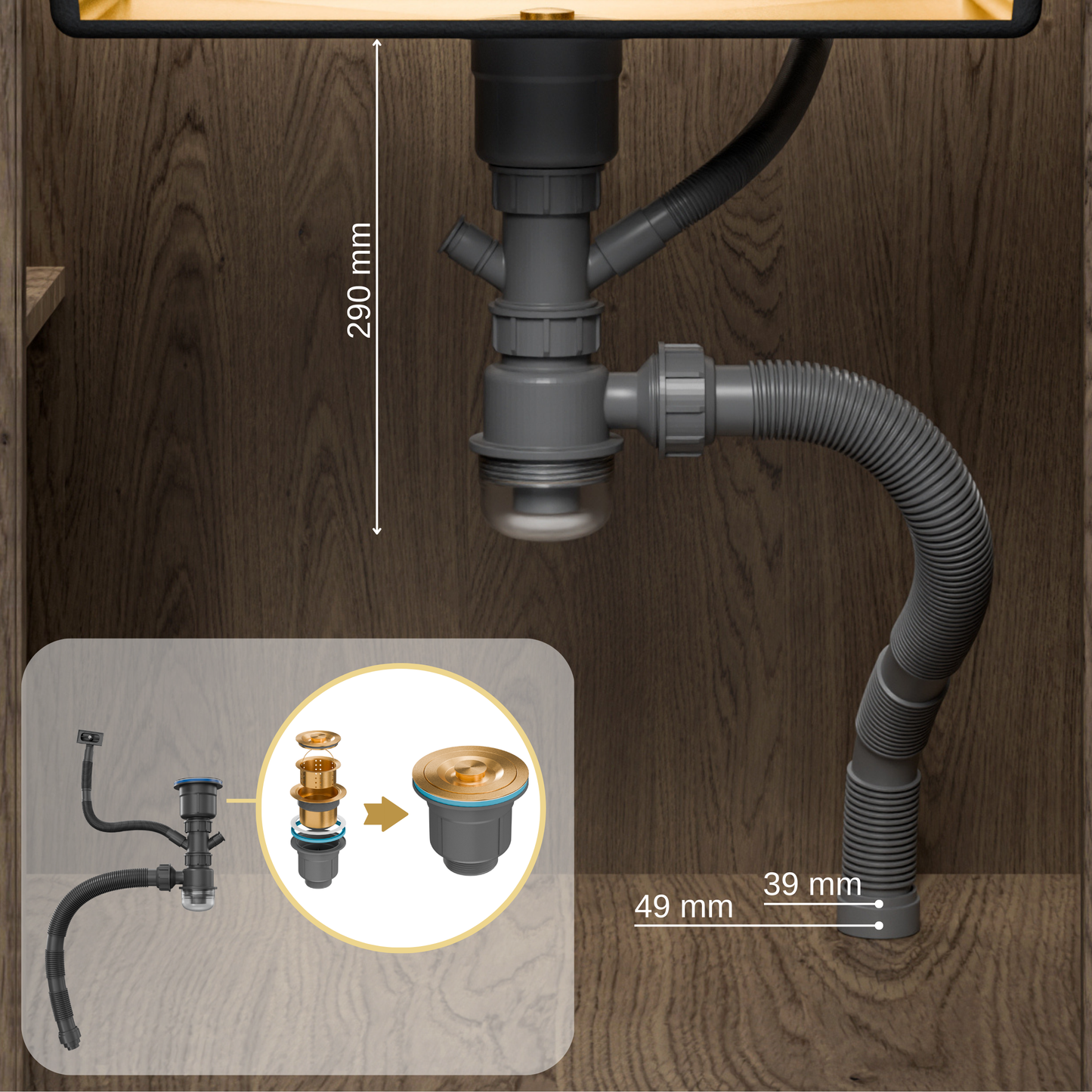 ANW HOME Spülbecken Küche Edelstahl, Küchenspüle  37x45 cm, Unterbau 1 Becken, Gold PVD, Nano-Beschichtung, Stärke 3,0+1 mm, Tiefe 22 cm, mit Siphon