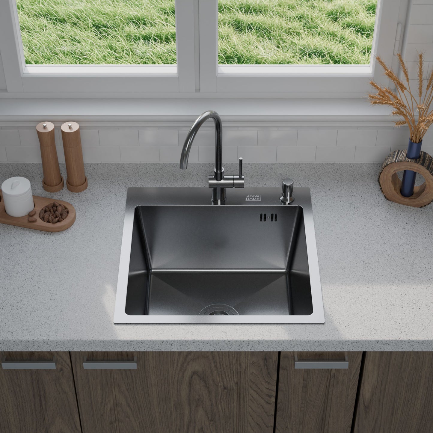 ANW HOME chiuvetă de bucătărie, chiuvetă cu o singură cuvă din oțel inoxidabil 50x50 cm fără scurgător, grafit PVD cu strat nano, grosime 3,0+1 mm, adâncime cuvă 22 cm, cu sifon