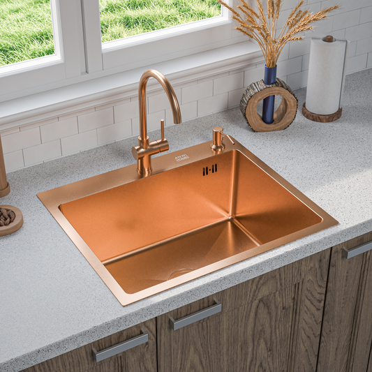 ANW HOME Spülbecken Küchenspüle 60x50 cm, Einbauspüle Edelstahl in Roségold PVD,  mit Nano-Beschichtung, Stärke 3,0+1 mm, mit Siphon Seifenspender und Korb