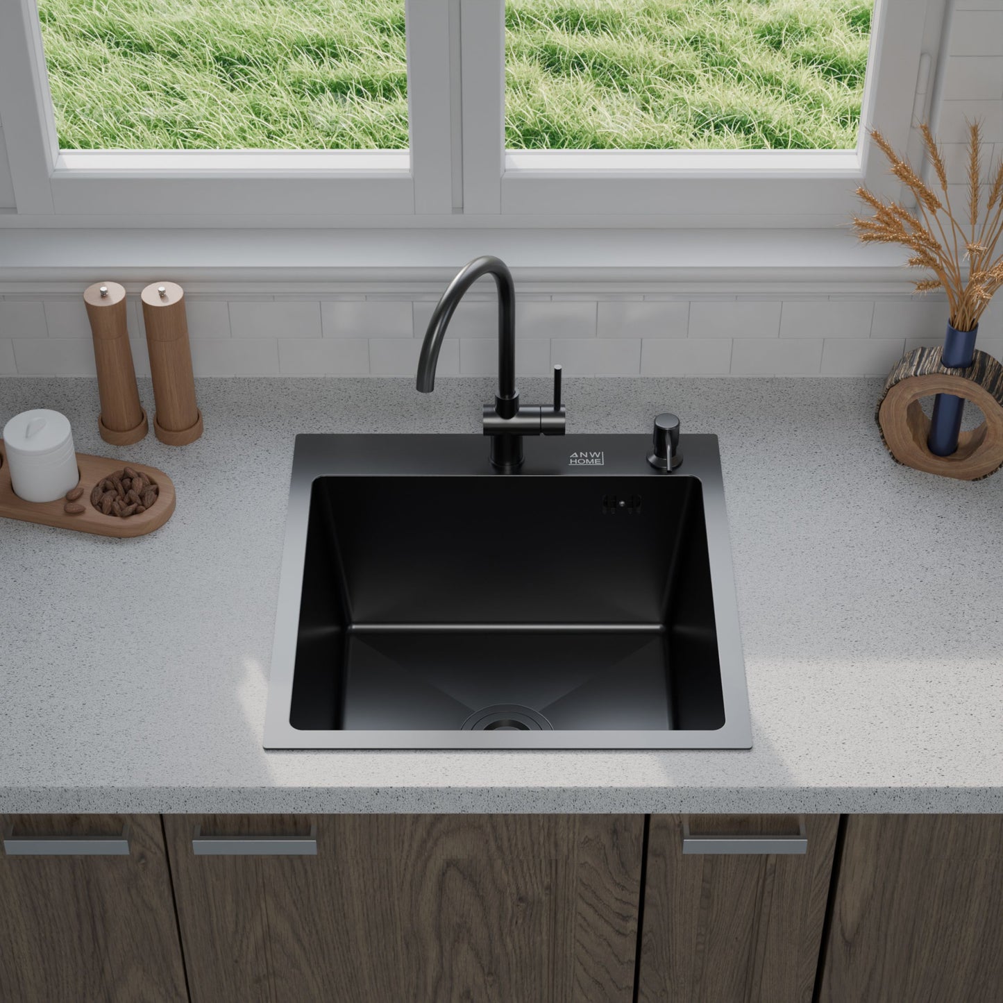 ANW HOME Kitchen Sink Stainless Steel, Single Bowl Kitchen Sink 50x50 cm, Black, Topmount, Nano-Coated, Thickness 3.0/1 mm, 22 cm Deep, with Siphon, Soap Dispenser and Basket