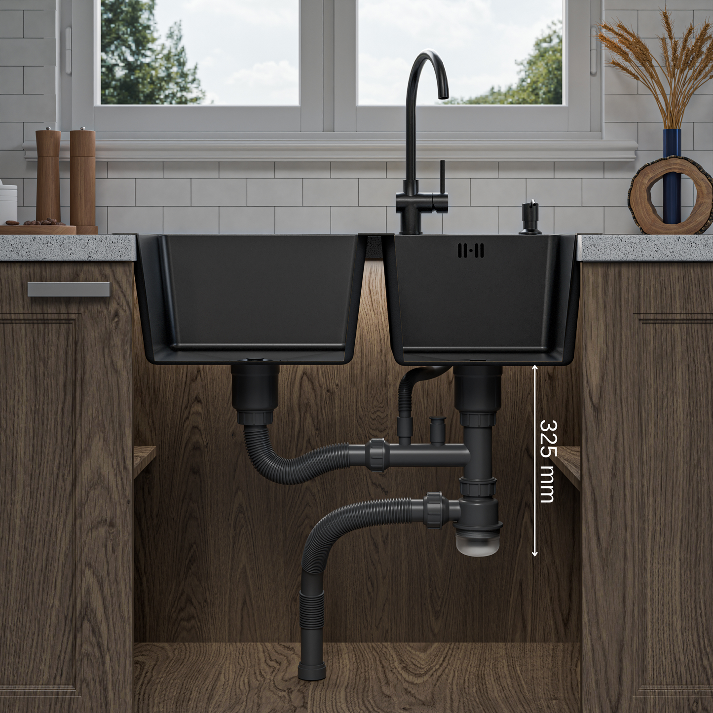 ANW HOME kuchyňský dřez, nerezový dřez 78x43 cm, dvoudřez, horní montáž, grafit PVD s nano povrchem, tloušťka 3,0+1 mm, sifon, dávkovač saponátu a košík