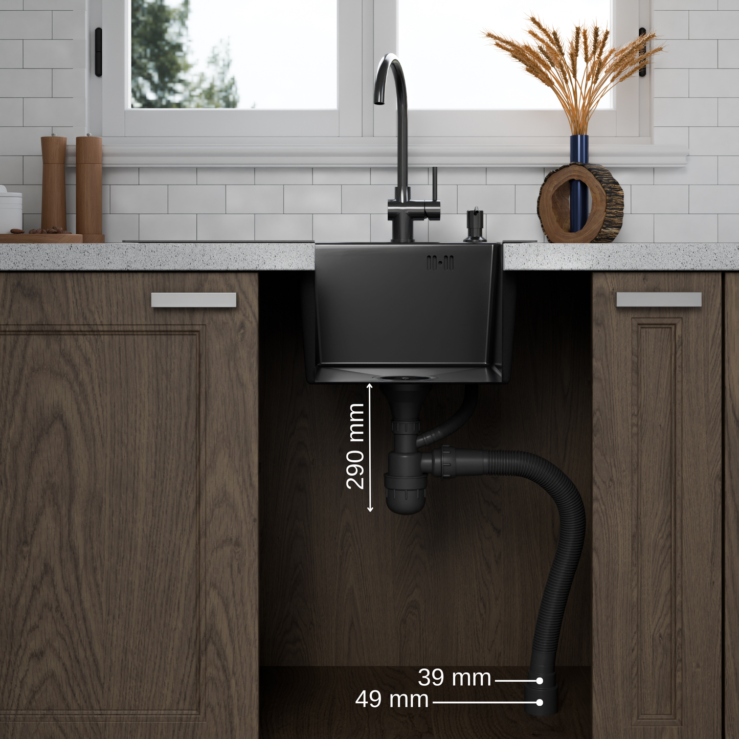 ANW HOME kuchyňský dřez z nerezové oceli 304, jednodřez pro inset montáž s odkapávačem 63x50 cm, grafit PVD, nano povrch, tloušťka 3+1 mm, hloubka vany 22 cm, s odtokovou sadou