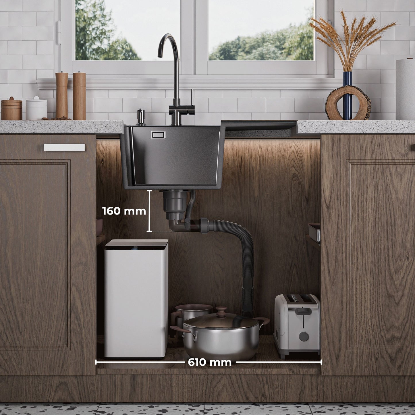 ANW HOME kuchyňský dřez pro horní montáž, jednodřez s odkapávačem, dřez z nerezové oceli 304, 63x50 cm, grafit PVD, nano povrch, tloušťka 3+1 mm, se sifonem