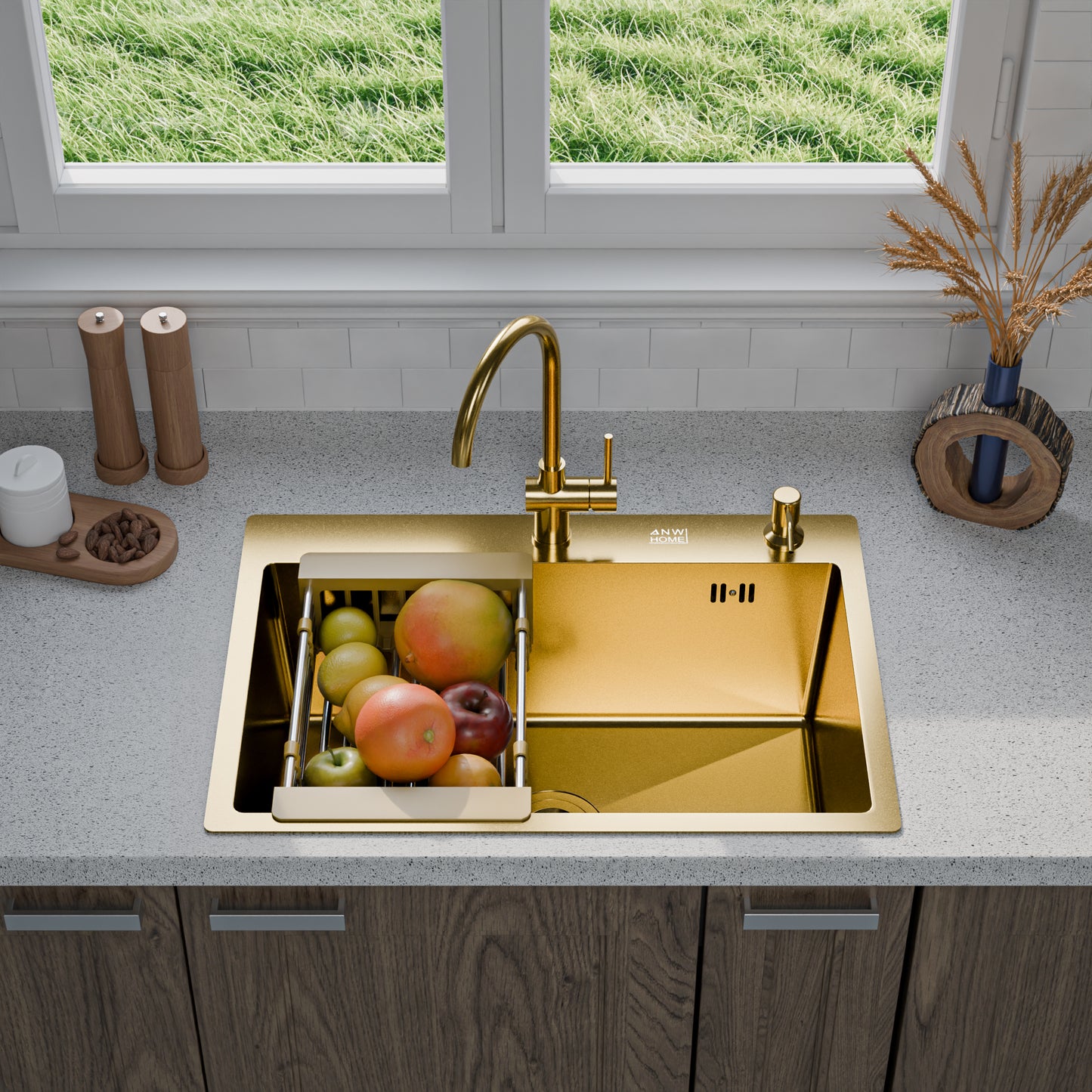 ANW HOME chiuvetă de bucătărie 65x45 cm, chiuvetă din oțel inoxidabil, cu o singură cuvă, montaj pe blat, finisaj auriu PVD cu strat nano, grosime 3,0+1 mm, cu sifon, dozator de detergent și coș