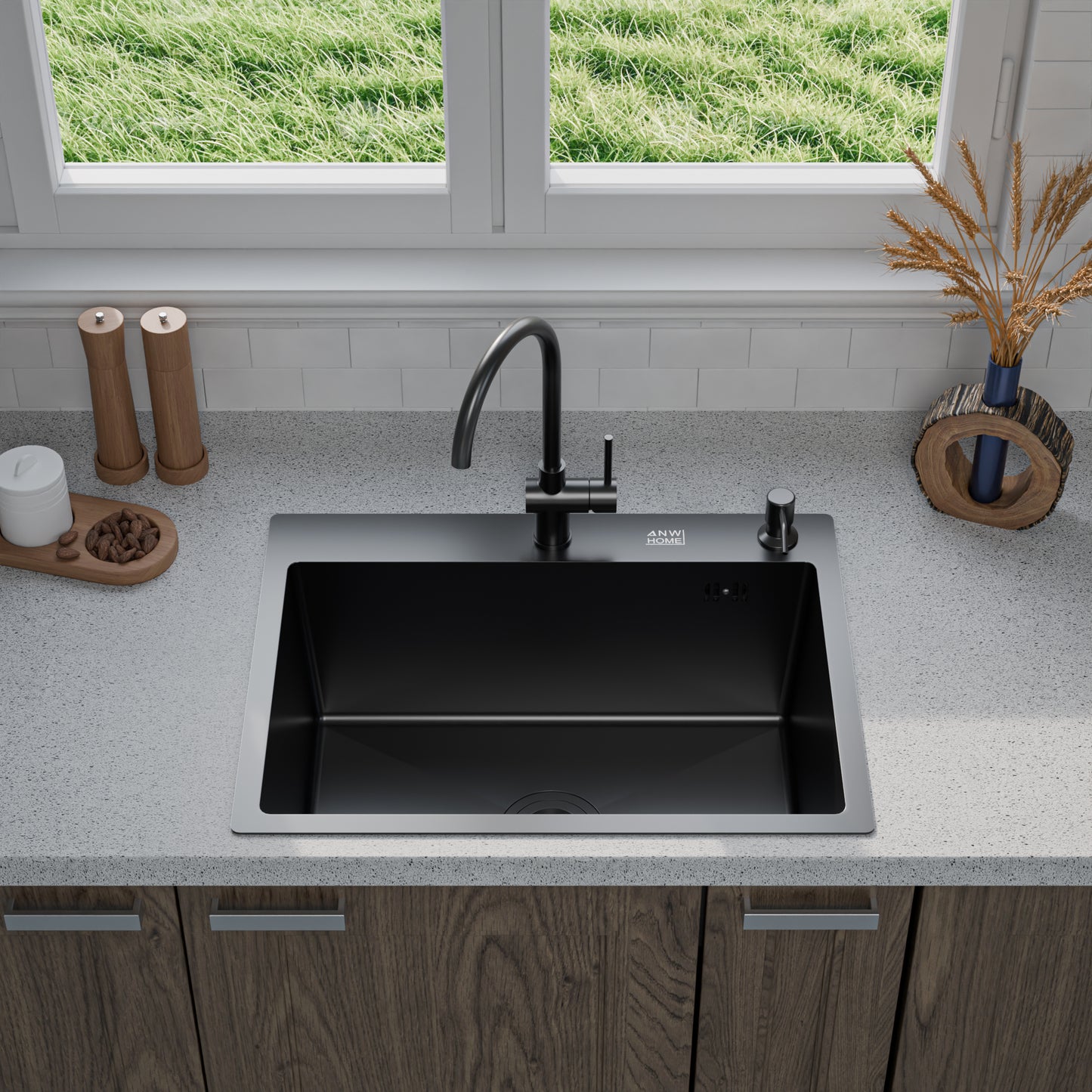 ANW HOME kuchyňský dřez 60x45 cm, nerezový dřez, jednodřez pro horní montáž v černém provedení s nano povrchem, tloušťka 3,0+1 mm, se sifonem, dávkovačem saponátu a košíkem