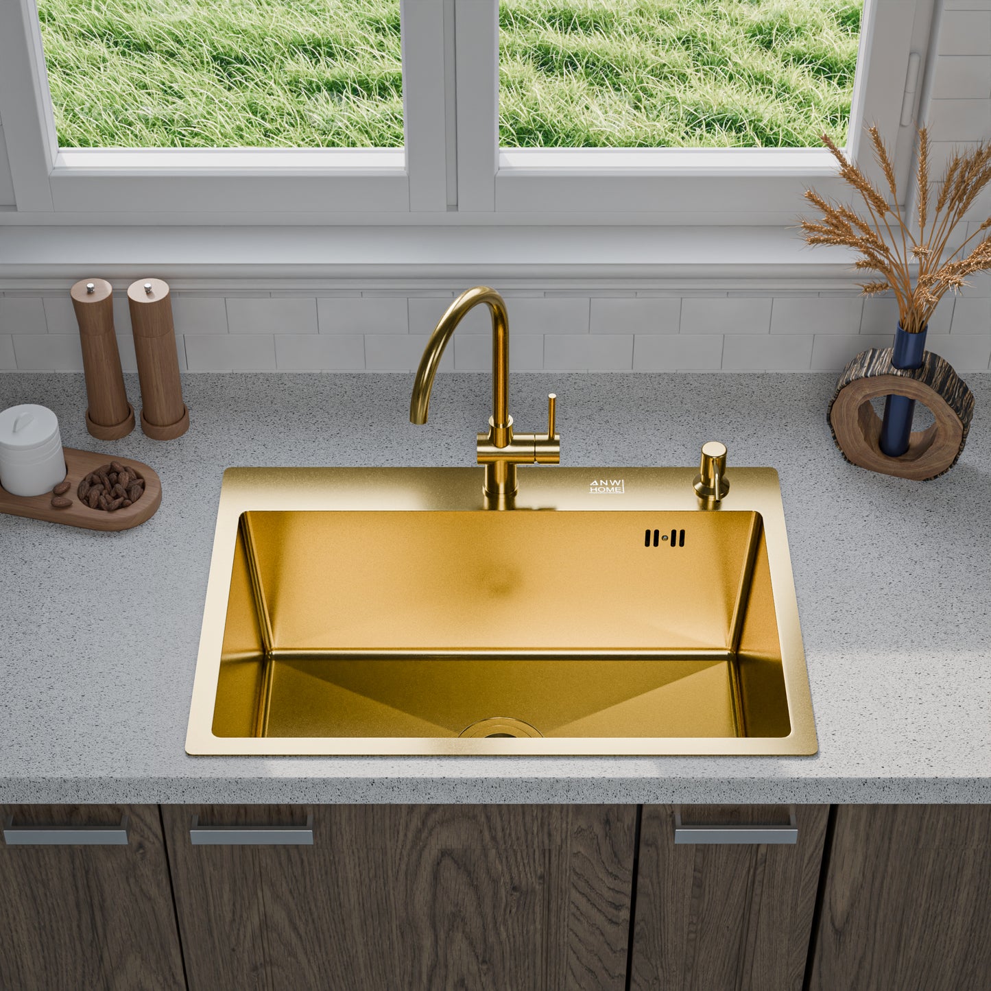 ANW HOME chiuvetă de bucătărie 65x45 cm, chiuvetă din oțel inoxidabil, cu o singură cuvă, montaj pe blat, finisaj auriu PVD cu strat nano, grosime 3,0+1 mm, cu sifon, dozator de detergent și coș