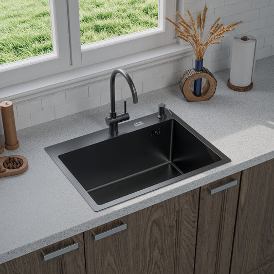 ANW HOME Spülbecken Küchenspüle 60x45 cm, Einbauspüle Edelstahl Schwarz, Spüle mit Nano-Beschichtung, Stärke 3,0+1 mm, mit Siphon Seifenspender und Korb
