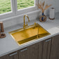ANW HOME chiuvetă de bucătărie 65x45 cm, chiuvetă din oțel inoxidabil, cu o singură cuvă, montaj pe blat, finisaj auriu PVD cu strat nano, grosime 3,0+1 mm, cu sifon, dozator de detergent și coș