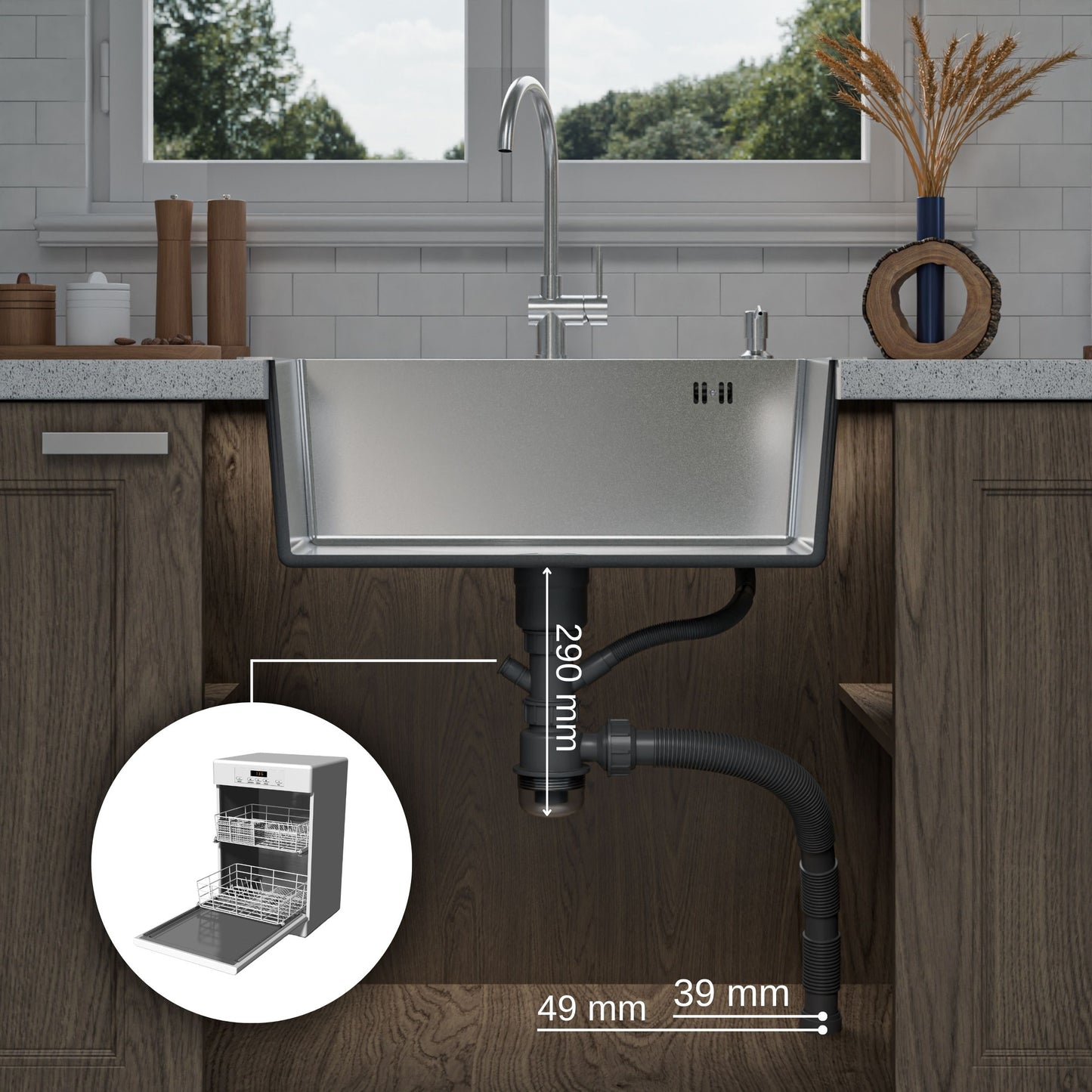 ANW HOME Spülbecken Küchenspüle 65x45 cm, Einbauspüle Edelstahl in Silber, Spüle  mit Nano-Oberfläche, Stärke 3,0+1 mm, mit Siphon Seifenspender und Korb