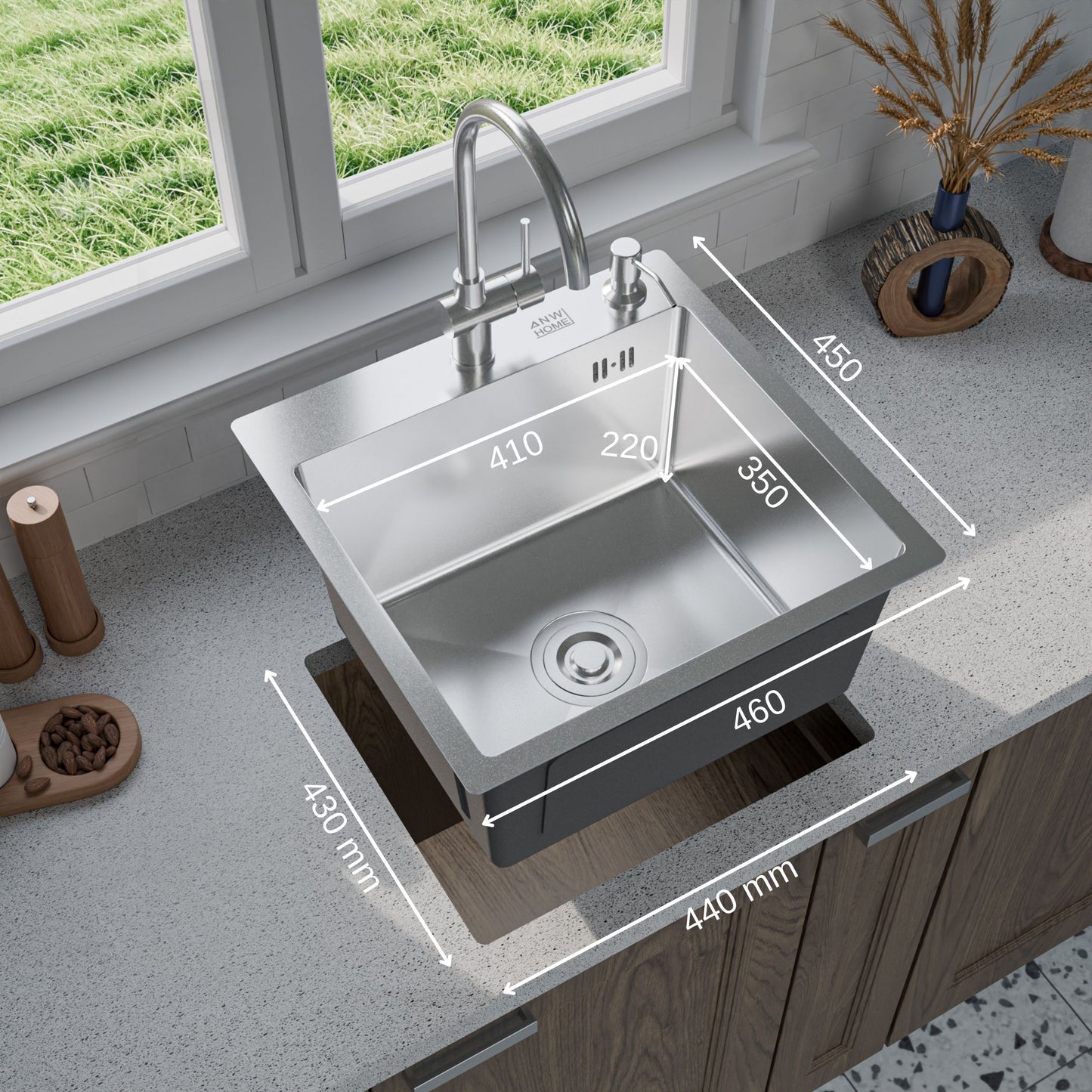 ANW HOME Lavandino Cucina, Lavello Cucina 1 Vasca 46x45 cm in Acciaio Inox con Finitura Nano, Spessore 3.0+1 mm, da Incasso, Argento, con Sifone, Dosatore e Cestello
