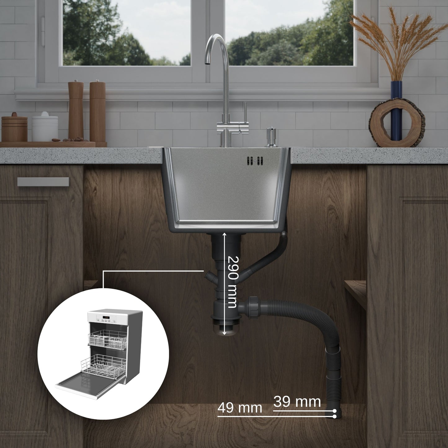 ANW HOME Lavello Cucina 1 Vasca, Lavello Acciaio Inox da Incasso 40 x 50 cm, Argento, Finitura Nano, Spessore 3,0/1 mm, Profondità 22 cm, con Sifone e Dosatore