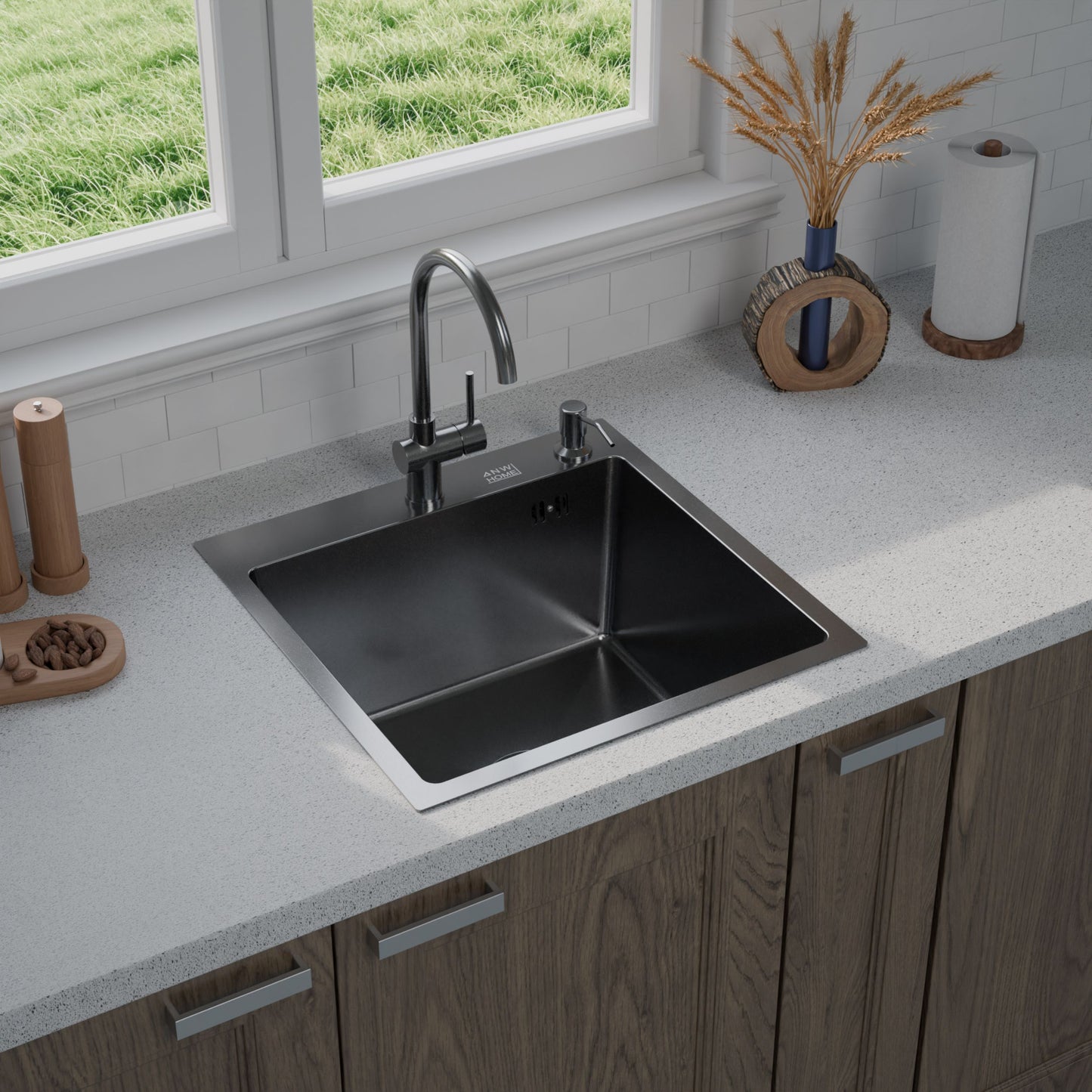 ANW HOME chiuvetă de bucătărie, chiuvetă cu o singură cuvă din oțel inoxidabil 50x50 cm fără scurgător, grafit PVD cu strat nano, grosime 3,0+1 mm, adâncime cuvă 22 cm, cu sifon