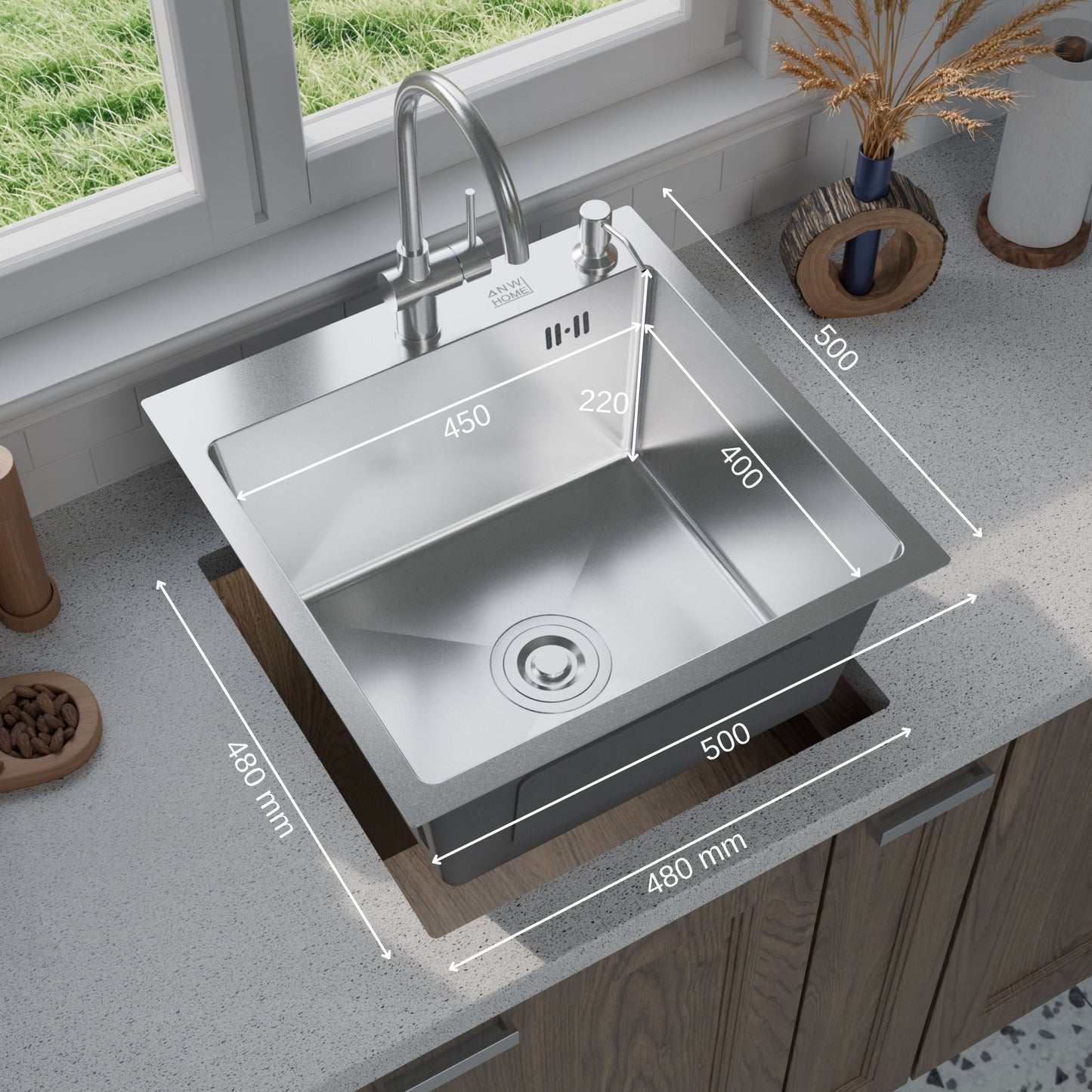 ANW HOME nerezový kuchyňský dřez, jednodřez 50 x 50 cm, inset montáž, stříbrný, nano povrch, tloušťka 3,0/1 mm, hloubka vany 22 cm, s odtokovou sadou a dávkovačem saponátu
