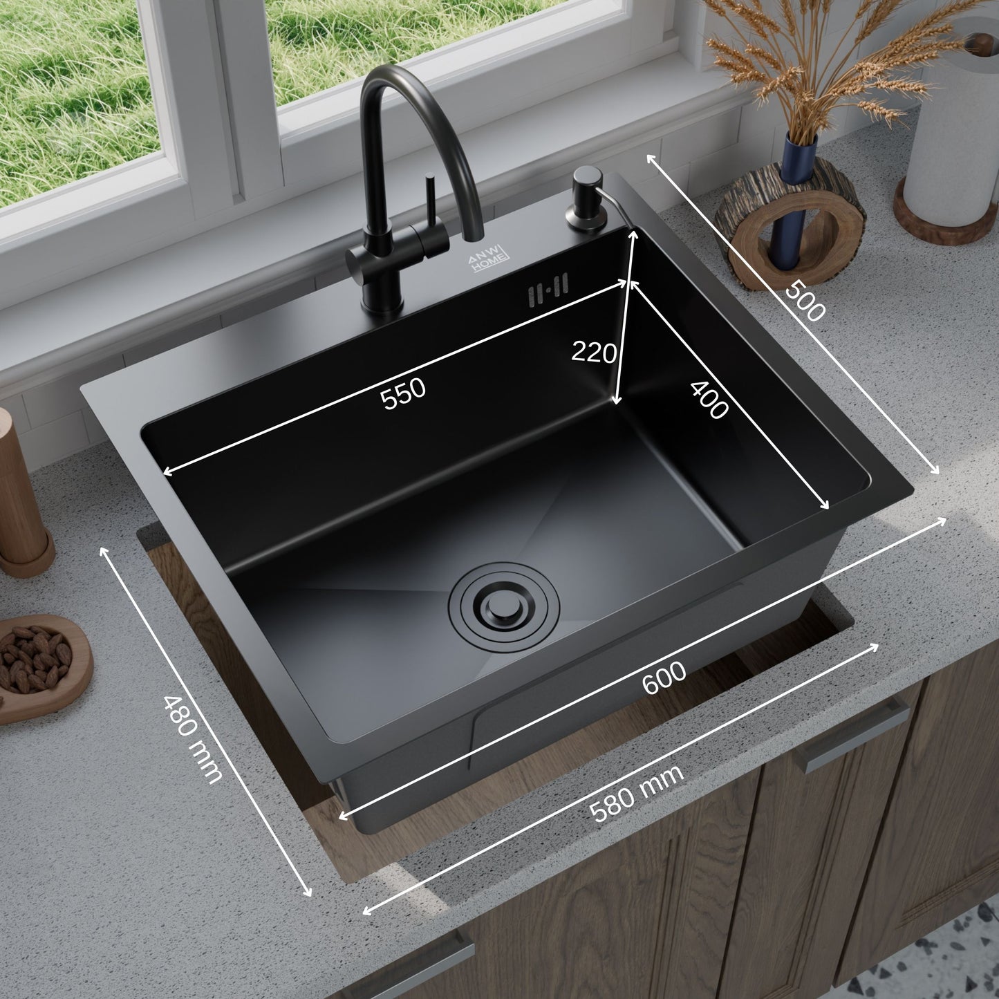 ANW HOME Spülbecken Edelstahl Küchenspüle Einbauspüle 1 Becken 60x50 cm Schwarz Piano-Oberfläche, Materialstärke 3,0/1 mm, mit Siphon, Seifenspender und Korb