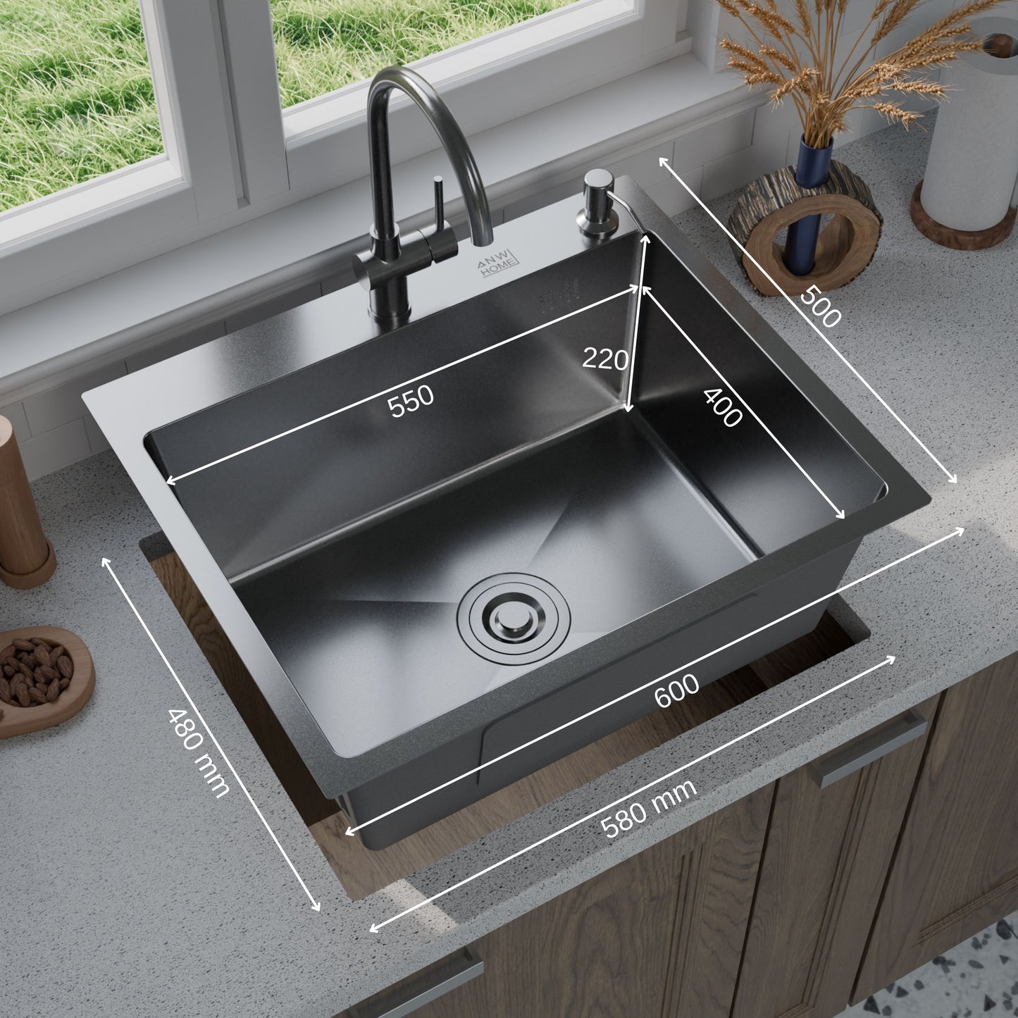 ANW HOME chiuvetă de bucătărie, chiuvetă cu o singură cuvă, oțel inoxidabil 60x50 cm, grafit, strat nano, grosime 3,0/1 mm, adâncime 22 cm, montaj pe blat, cu sifon