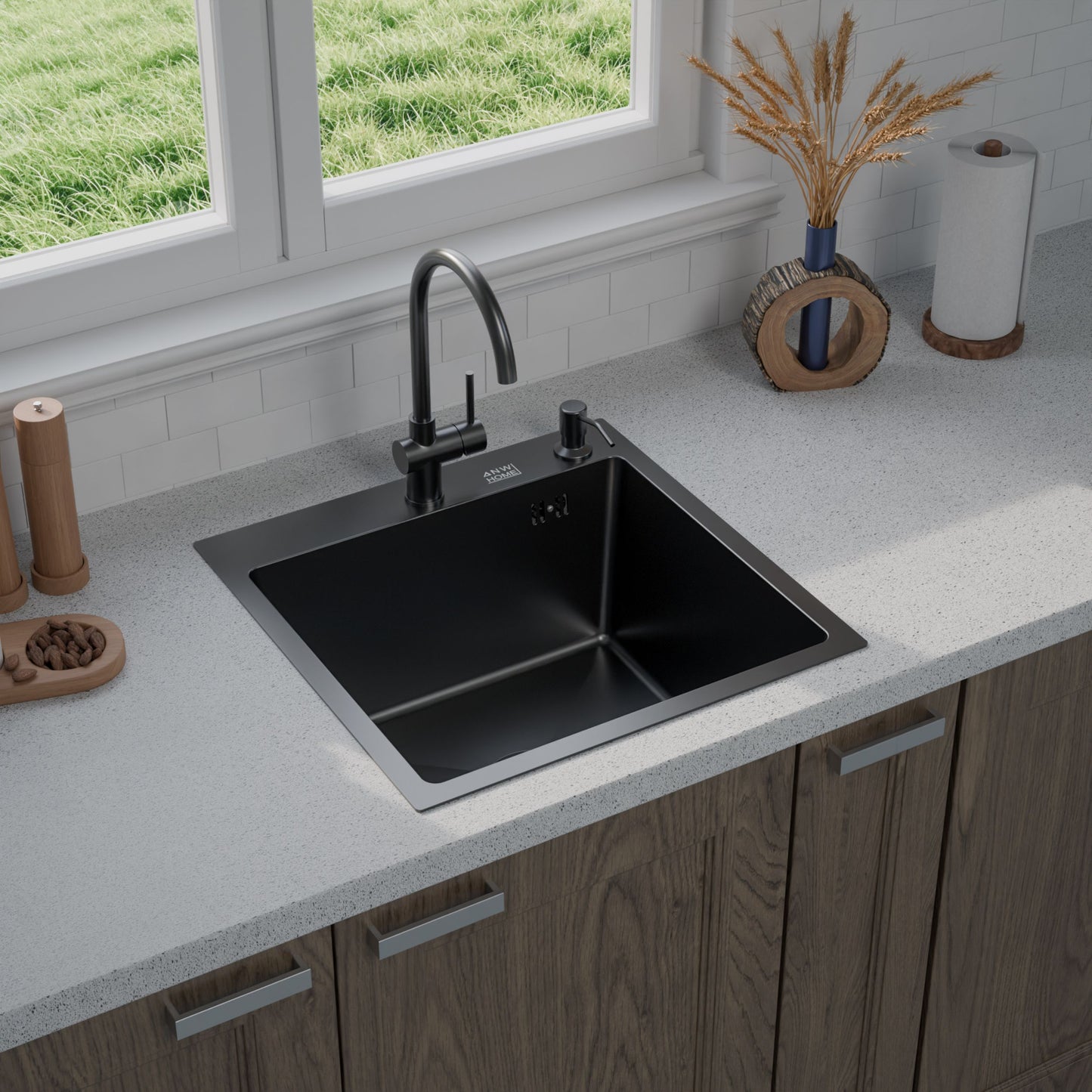 ANW HOME Kitchen Sink Stainless Steel, Single Bowl Kitchen Sink 50x50 cm, Black, Topmount, Nano-Coated, Thickness 3.0/1 mm, 22 cm Deep, with Siphon, Soap Dispenser and Basket