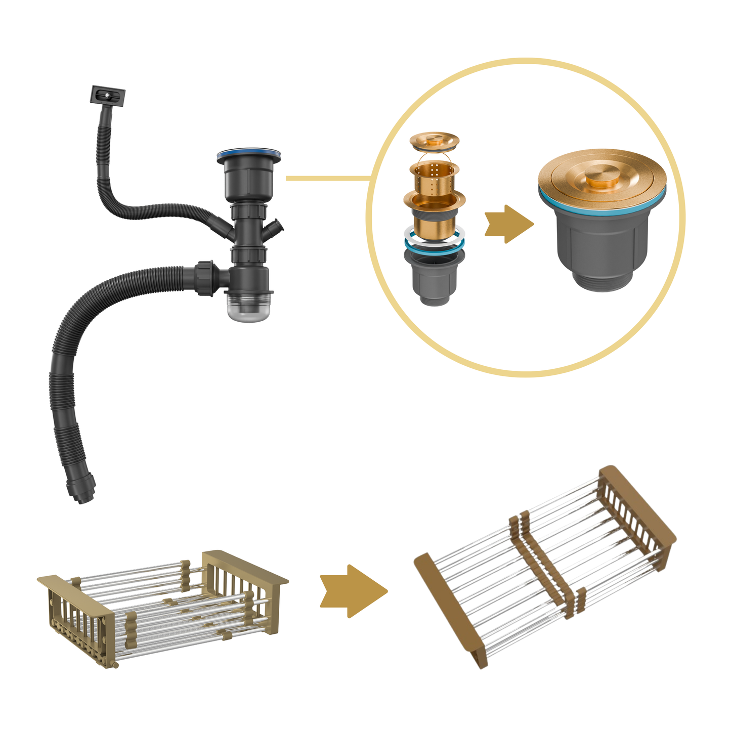 ANW HOME Fregadero Cocina 1 Seno Sobre Encimera, Fregadero Cocina Acero Inoxidable 304, 60x50 cm, Oro PVD, Nano-Revestimiento, Grosor 3,0+1 mm, con Sifón, Dosificador de Jabón y Cesta
