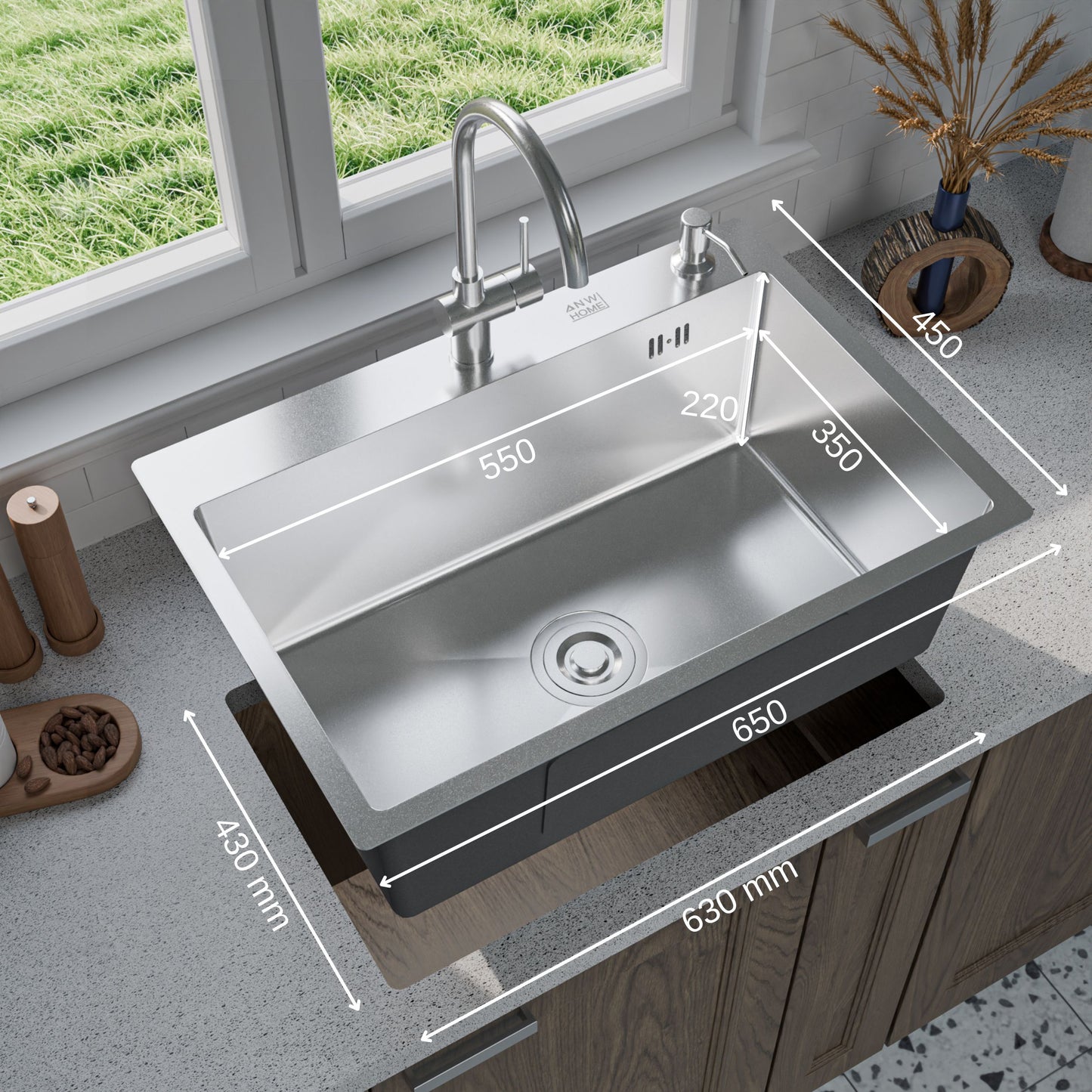 ANW HOME Spülbecken Küchenspüle 65x45 cm, Einbauspüle Edelstahl in Silber, Spüle  mit Nano-Oberfläche, Stärke 3,0+1 mm, mit Siphon Seifenspender und Korb