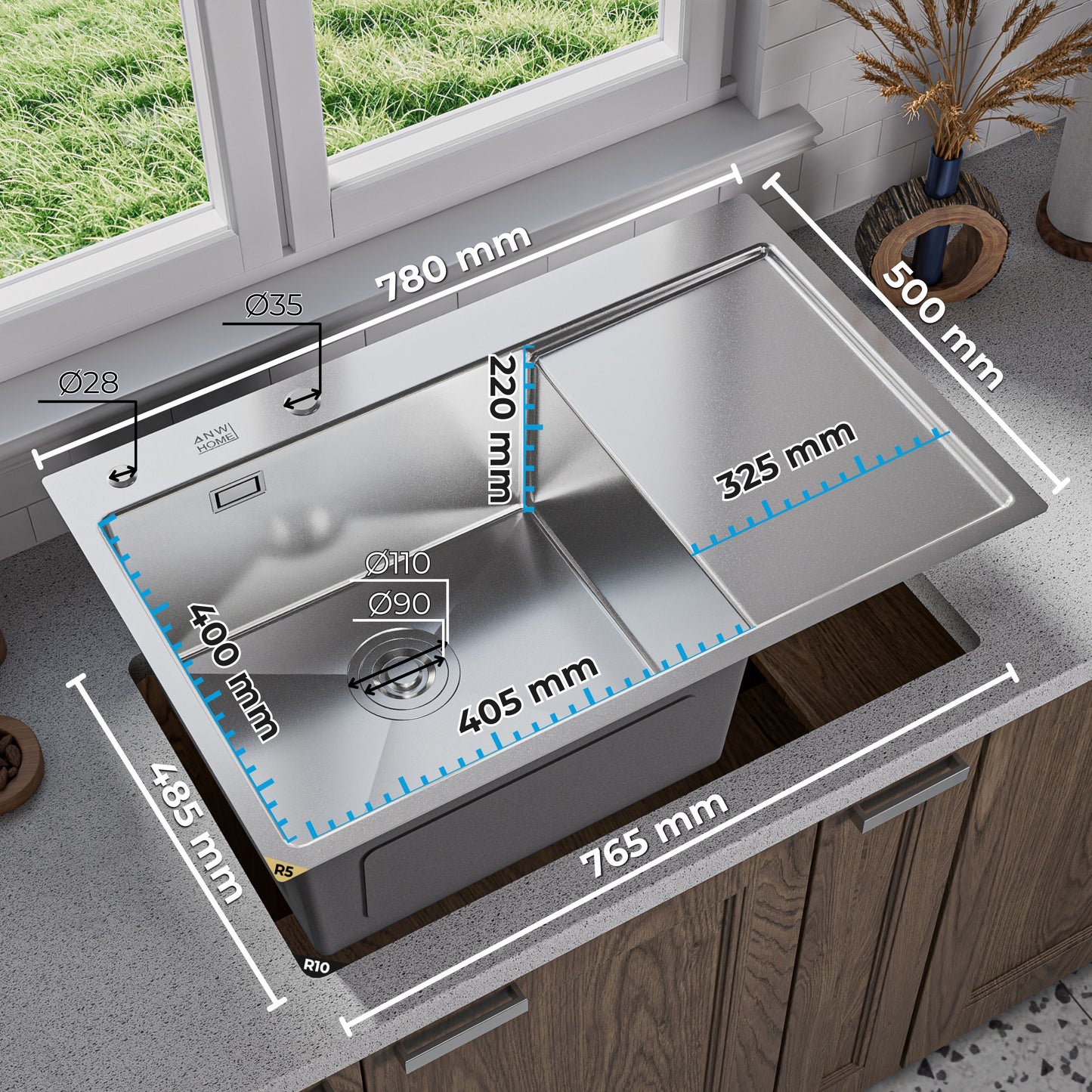 ANW HOME Fregadero Cocina 1 Seno, sobre Encimera con Escurridor, Fregadero Cocina Acero Inoxidable 304, 78x50 cm, Plata, Acabado Nano, Grosor 3,0/1 mm, con Sifón y Dispensador
