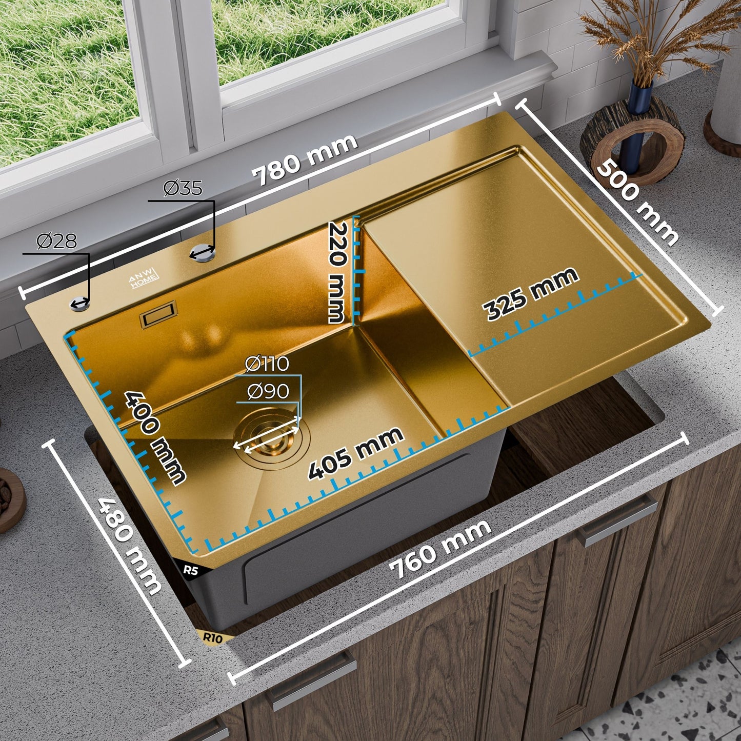 ANW HOME Spülbecken Küchenspüle Einbauspüle 1 Becken mit Abtropffläche Edelstahl 304 78x50 cm Gold PVD Nano-Beschichtung Stärke 3,0+1 mm mit Siphon, Seifenspender und Korb