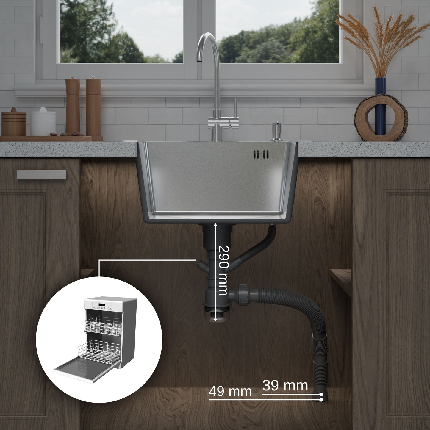 ANW HOME nerezový kuchyňský dřez, jednodřez 50 x 50 cm, inset montáž, stříbrný, nano povrch, tloušťka 3,0/1 mm, hloubka vany 22 cm, s odtokovou sadou a dávkovačem saponátu