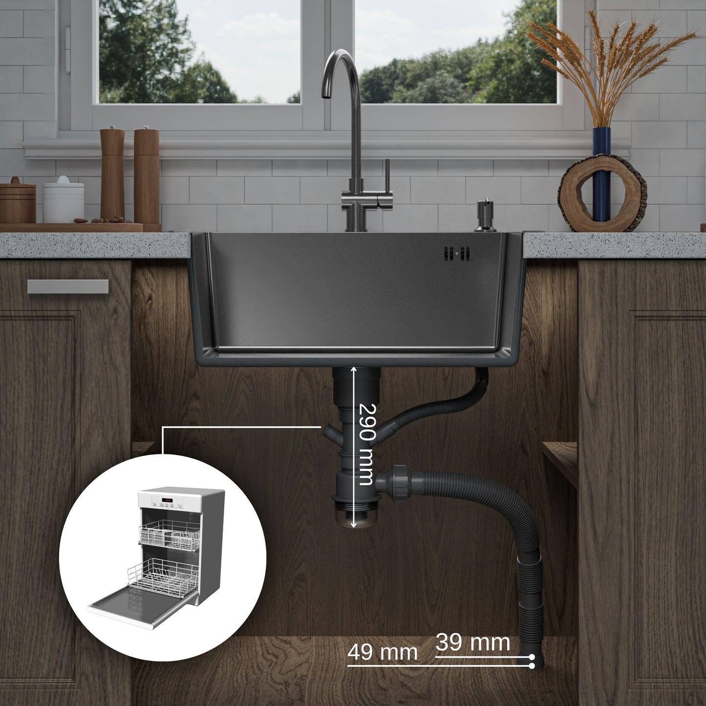 ANW HOME Spülbecken Küchenspüle Einbauspüle 60x45 cm, Edelstahl Spülbecken , Graphit PVD mit Nano-Beschichtung, Stärke 3,0+1 mm, mit Siphon Seifenspender und Korb