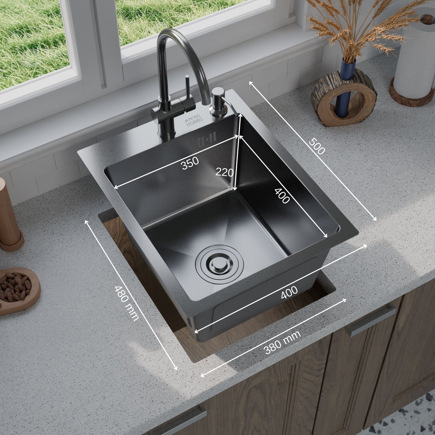 ANW HOME Fregadero Cocina 1 Seno Sobre Encimera, Fregadero Cocina Acero Inoxidable 304 40x50 cm, Grafito PVD, Acabado Nano, Grosor 3,0/1 mm, con Sifón, Dosificador y Cesta