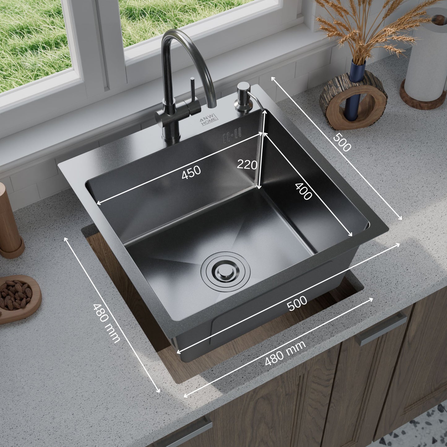 ANW HOME chiuvetă de bucătărie, chiuvetă cu o singură cuvă din oțel inoxidabil 50x50 cm fără scurgător, grafit PVD cu strat nano, grosime 3,0+1 mm, adâncime cuvă 22 cm, cu sifon