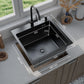 ANW HOME Kitchen Sink Stainless Steel, Single Bowl Kitchen Sink 50x50 cm, Black, Topmount, Nano-Coated, Thickness 3.0/1 mm, 22 cm Deep, with Siphon, Soap Dispenser and Basket