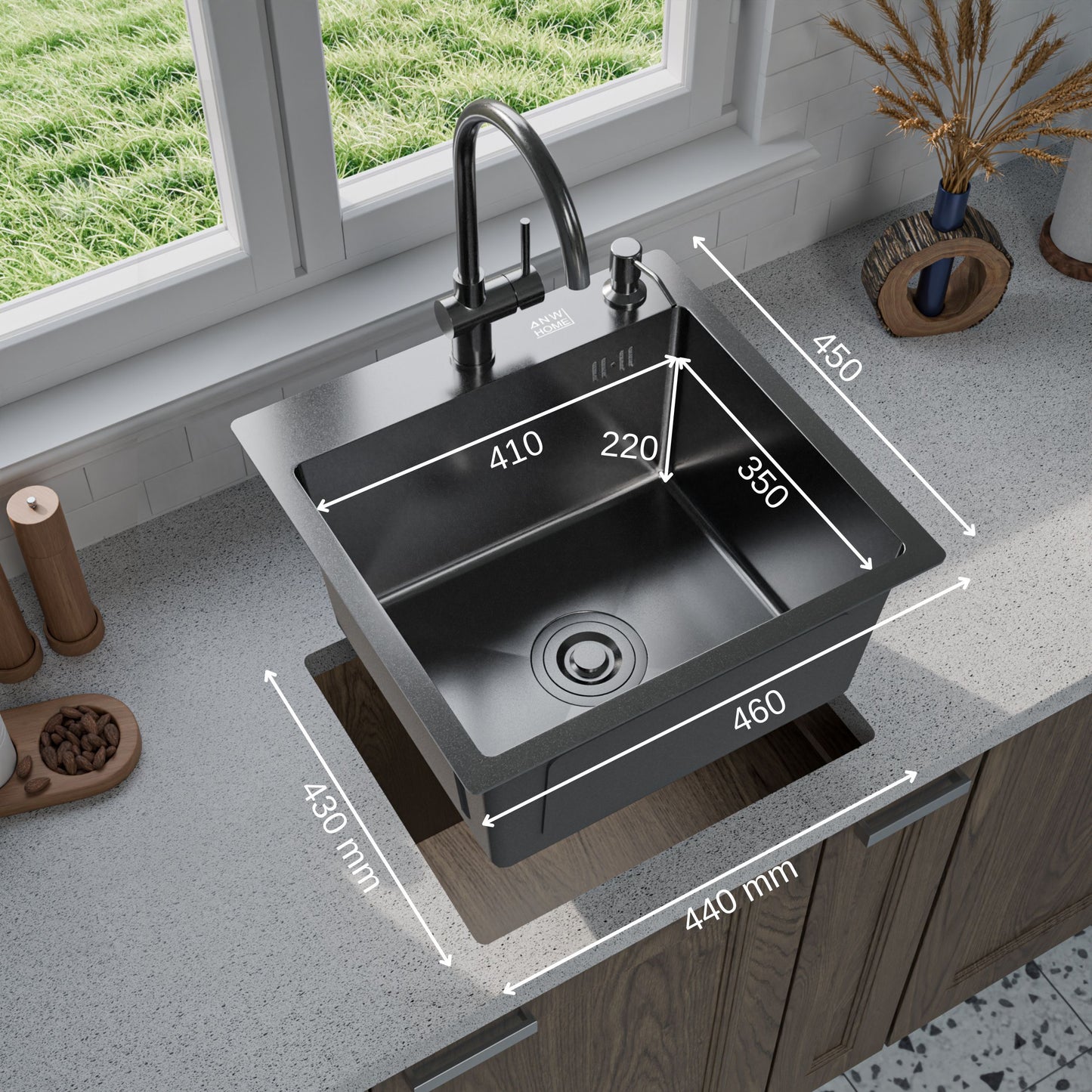 ANW HOME chiuvetă de bucătărie din oțel inoxidabil, chiuvetă cu o singură cuvă, încastrată, fără scurgător, 46x45 cm, grafit PVD cu strat nano, grosime 3,0/1 mm, adâncime cuvă 22 cm, cu sifon