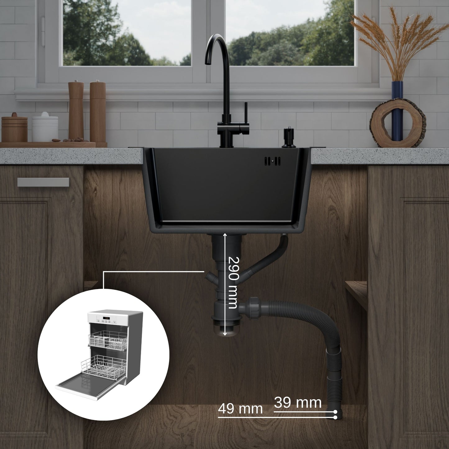 ANW HOME Kitchen Sink Stainless Steel, Single Bowl Kitchen Sink 50x50 cm, Black, Topmount, Nano-Coated, Thickness 3.0/1 mm, 22 cm Deep, with Siphon, Soap Dispenser and Basket