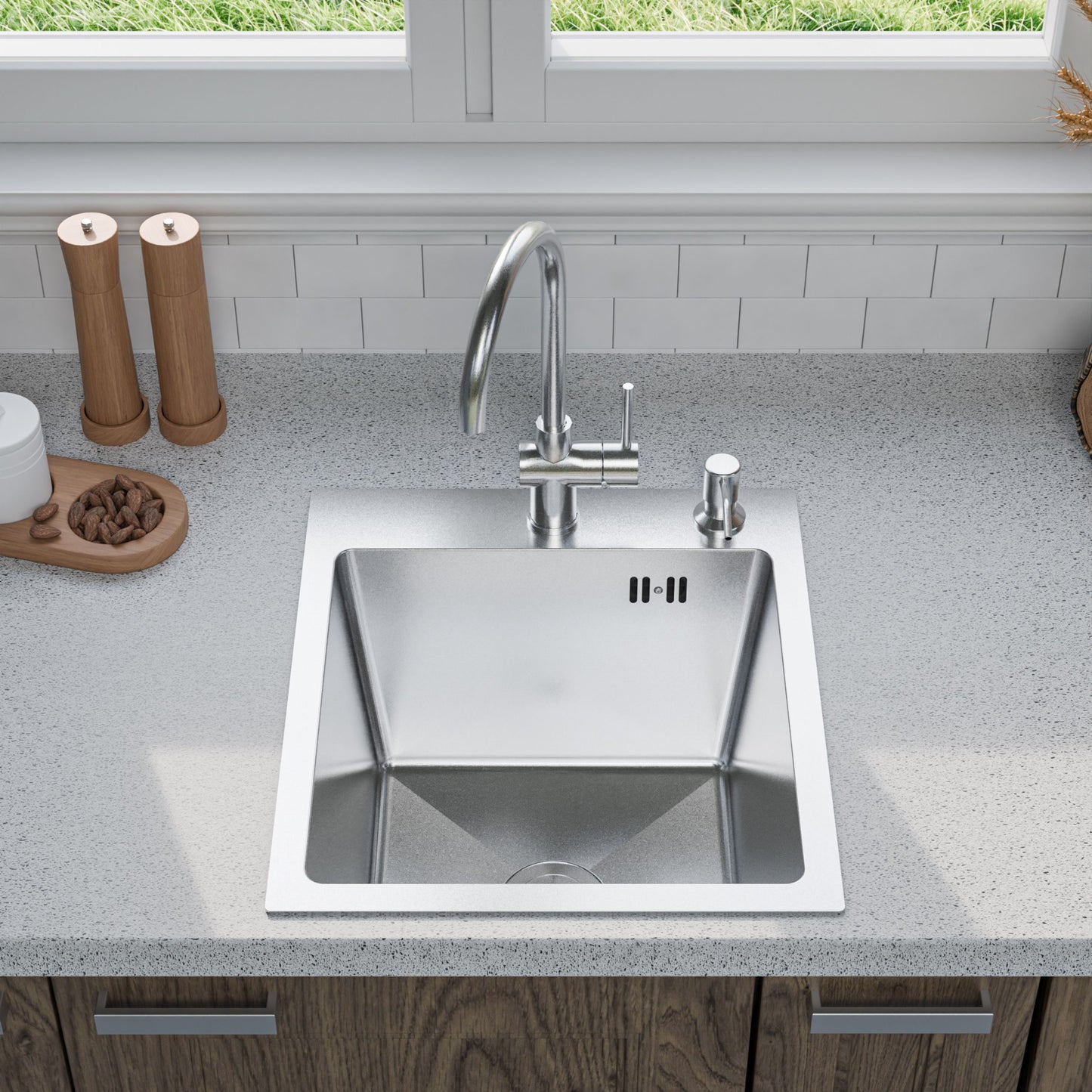 ANW HOME Spülbecken, Küchenspüle aus Edelstahl, 40x45 cm, Einbauspüle 1 Becken, mit Nano-Beschichtung, Stärke 3.0+1 mm, mit Siphon und Seifenspender