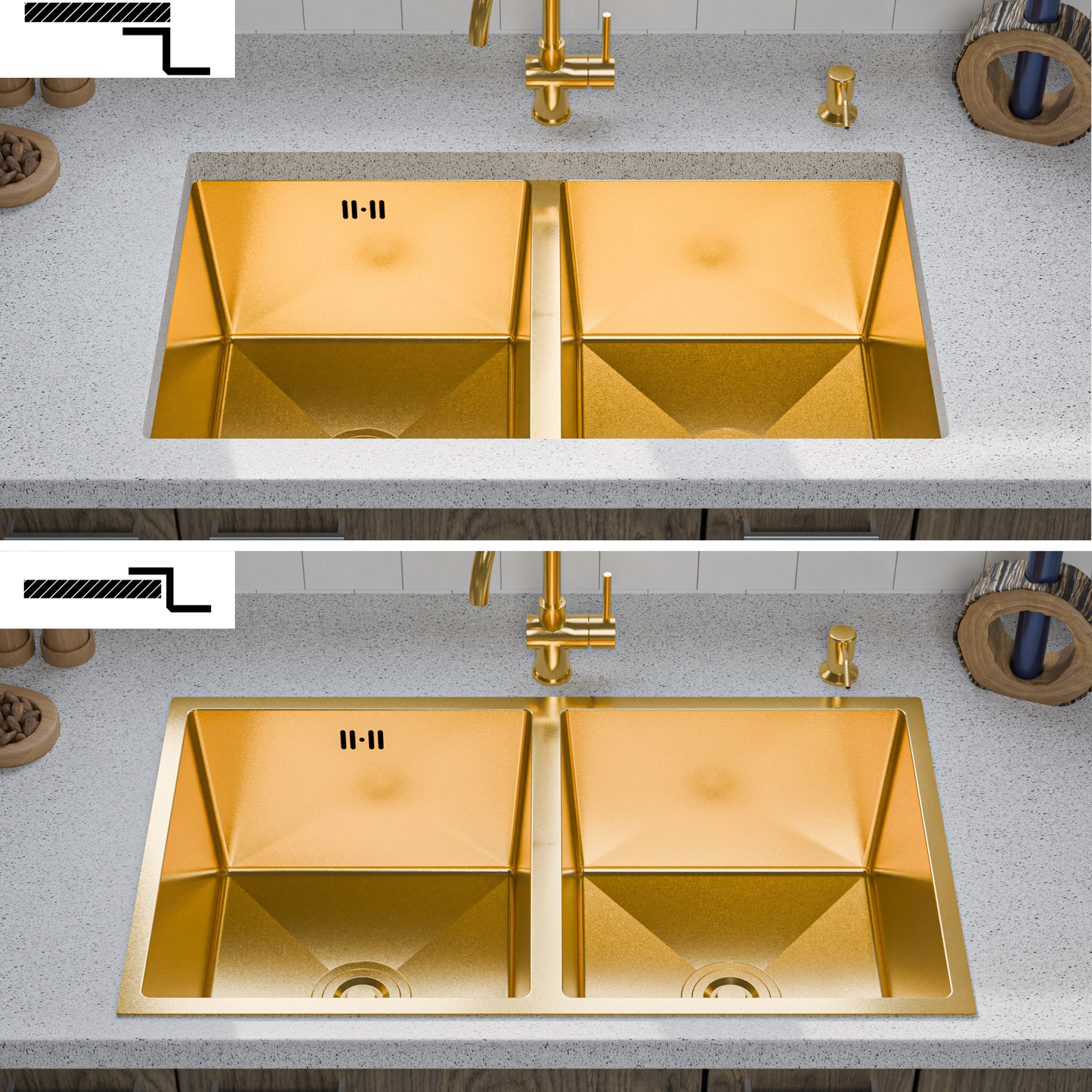 ANW HOME Fregadero Cocina 2 Senos Bajo Encimera, Fregadero Acero Inoxidable 304 Oro PVD 80x45 cm, Sin Escurridor, Acabado Con Nanorrevestimiento, Grosor 3.0+1 mm, Con Sifón