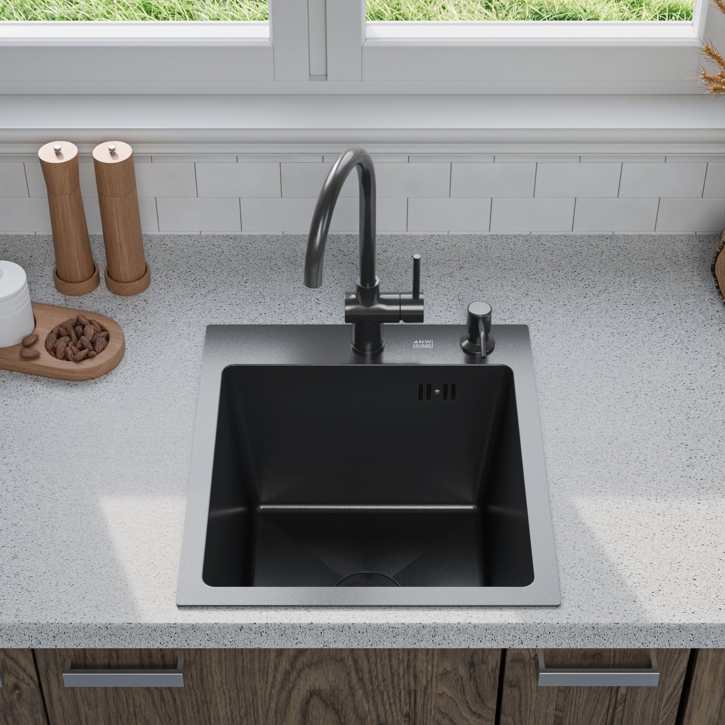ANW HOME Spülbecken Küche 40x45 cm, Küchenspüle 1 Becken, Einbauspüle , 304 Edelstahl, Graphit PVD, mit Nano-Beschichtung, Materialstärke 3,0+1 mm, mit Siphon und Seifenspender