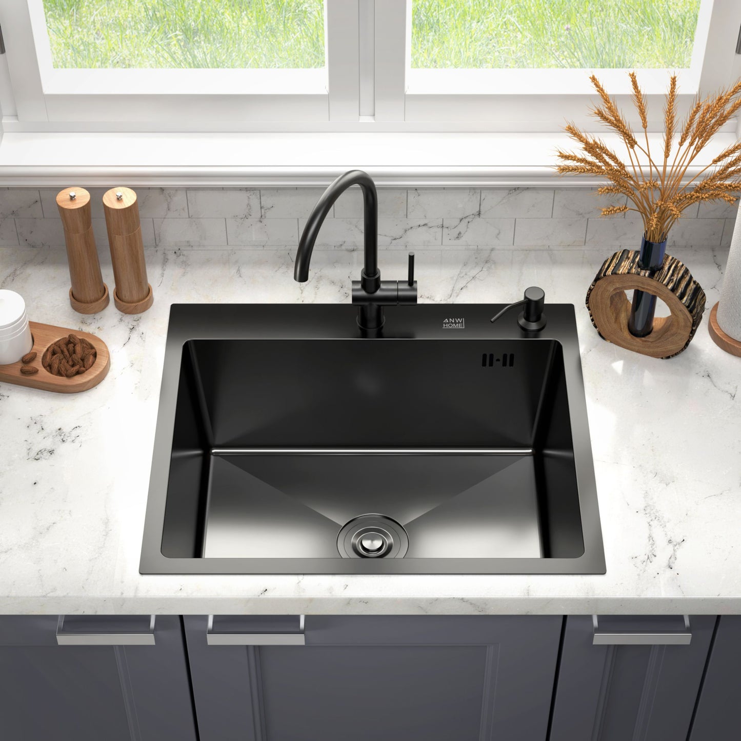 ANW HOME Küchenspüle Edelstahl 304 Spülbecken Einbauspüle 1 Becken ohne Abtropffläche 68x45 cm Graphit PVD Nano-Beschichtung Stärke 3,0/1 mm Tiefe 22 cm mit Siphon, Seifenspender und Korb